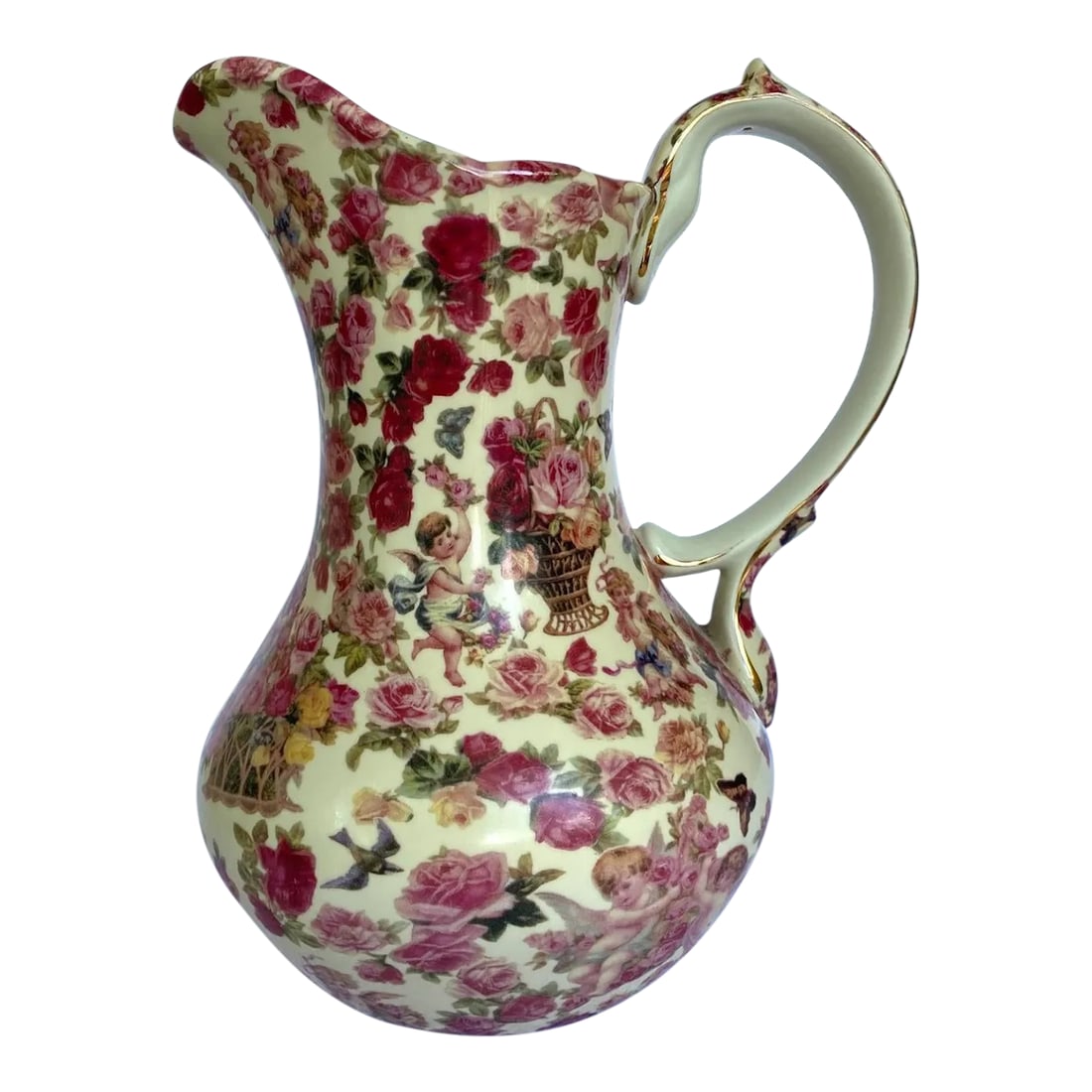 Vintage Baum Brothers Formalities "Cherub Chintz Collection" Pitcher with Pink, Yellow & Red Roses,: Discover the timeless beauty of the BAUM BROTHERS Formalities Cherub Chintz Collection Pitcher with a artwork design of chintz floral and cherubs wrapping around the exterior surface and gold rim hand