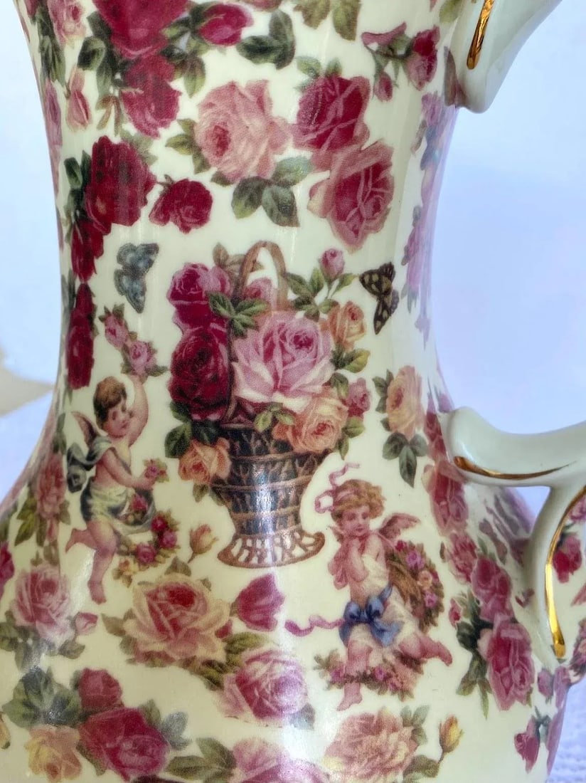 Vintage Baum Brothers Formalities "Cherub Chintz Collection" Pitcher with Pink, Yellow & Red Roses, - 2