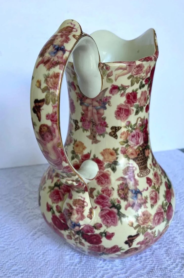 Vintage Baum Brothers Formalities "Cherub Chintz Collection" Pitcher with Pink, Yellow & Red Roses, - 4