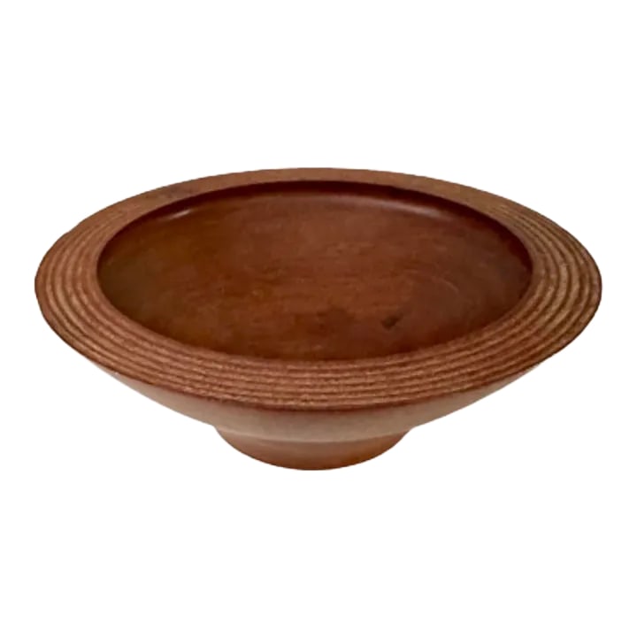 Danish Modern Style Hand-Crafted Wood Turned Walnut Bowl: Gorgeous hand-crafted MCM style walnut bowl, signed and dated by artist, 2006;(phone number written on underside has been edited out on picture above.)Beautiful MCM shape and lines. Ridged detail arou