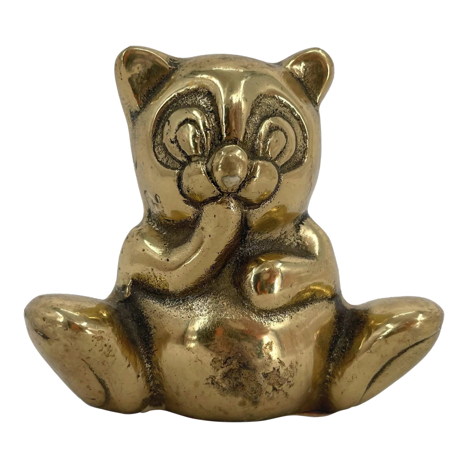 Vintage Brass Happy Panda Bear Paw to Mouth Eating Figurine: This adorable sitting panda bear is the perfect desk companion, curio cutie or boho office library buddy. A darling little creature with charming details. Would make a totally zen hostess gift or a gr
