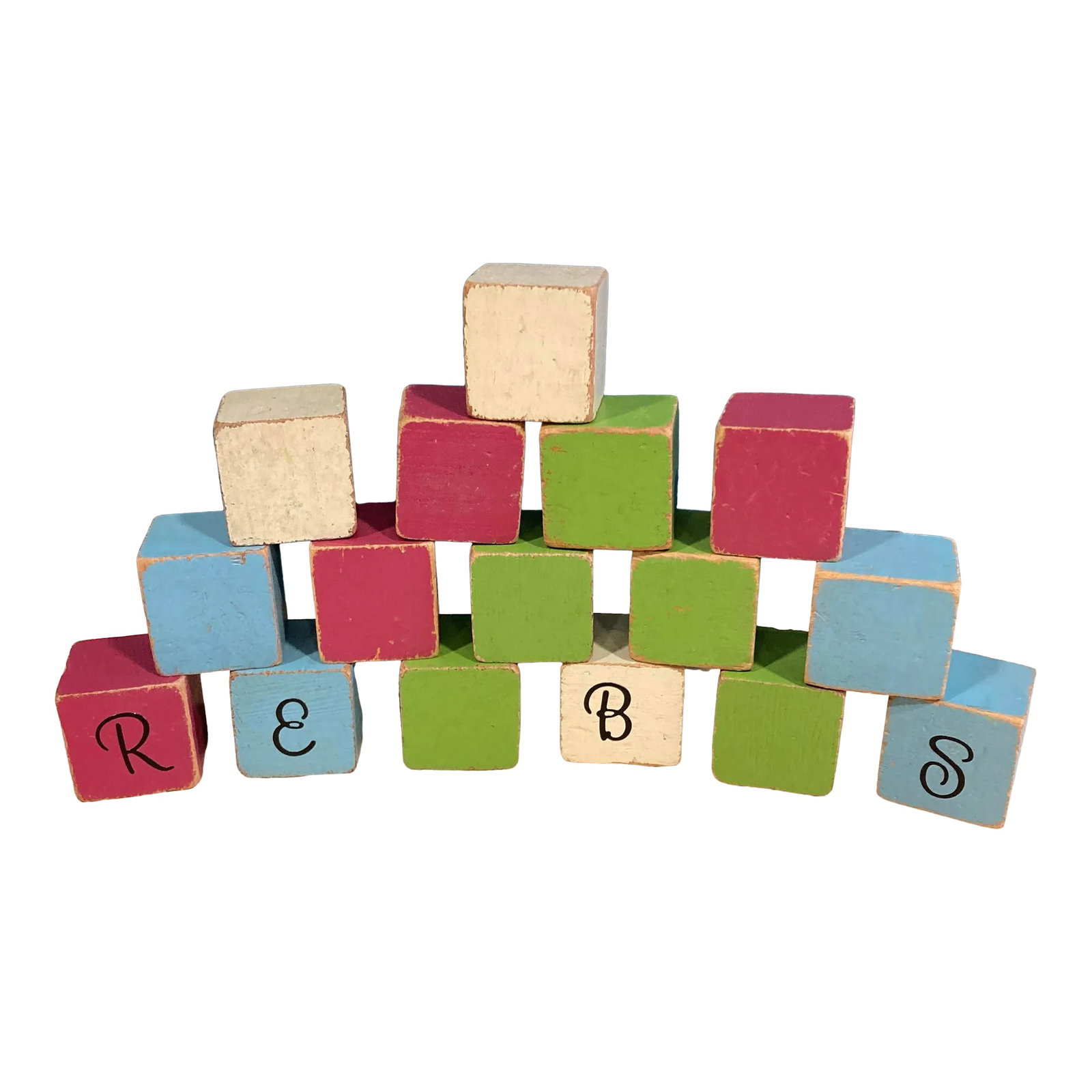Vintage Painted Wooden Building Blocks- 16 Pieces: This charming set of well-loved wooden children's alphabet blocks dates back to the early 20th century and showcases timeworn character with age-appropriate wear. Each block features colorful