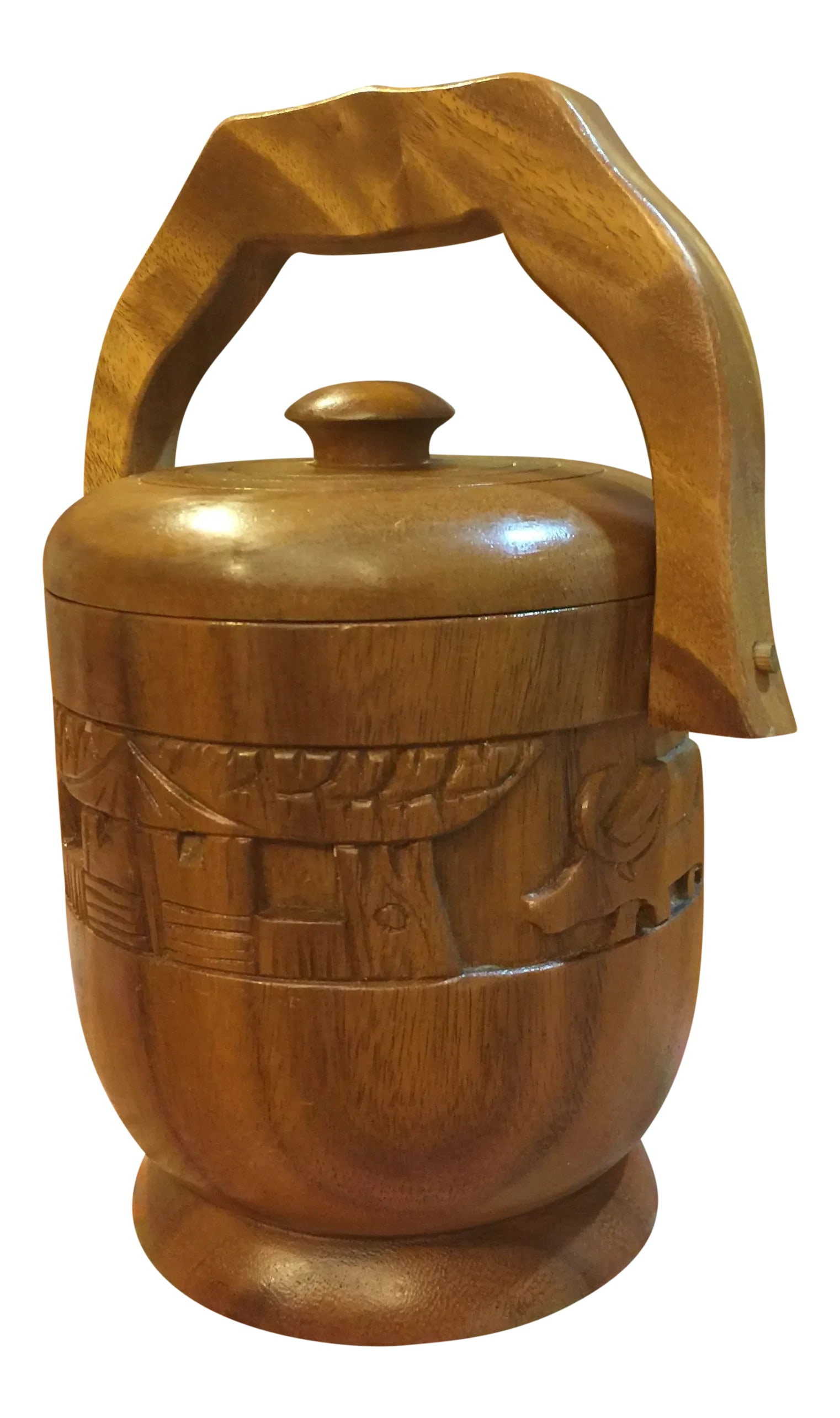 Vintage Carved Wood Ice Bucket: A great vintage accent piece for your wine/liquor bar. Ice bucket with a primitive hand carved scene. Probably teak wood, aluminum interior. Condition: Alterations: Original Condition Unaltered