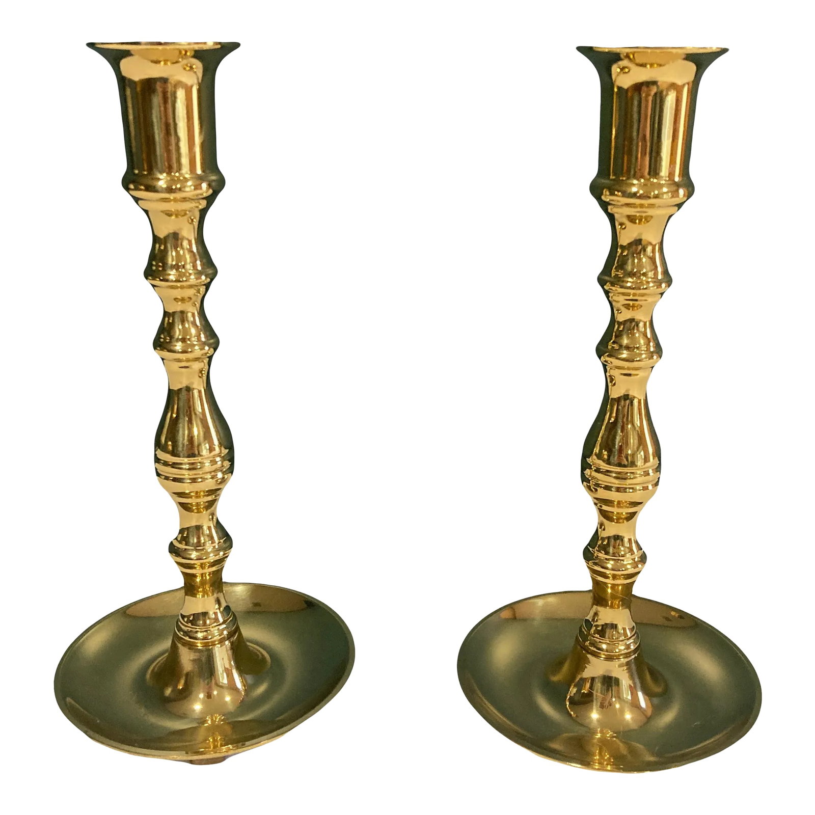 Vintage Brass Portuguese Candlesticks , Set of 2: This elegant pair of vintage brass candlesticks from Portugal brings classic style and warm metallic tones to any space. With clean lines and rich patina, they are perfect for mantel, dining table,