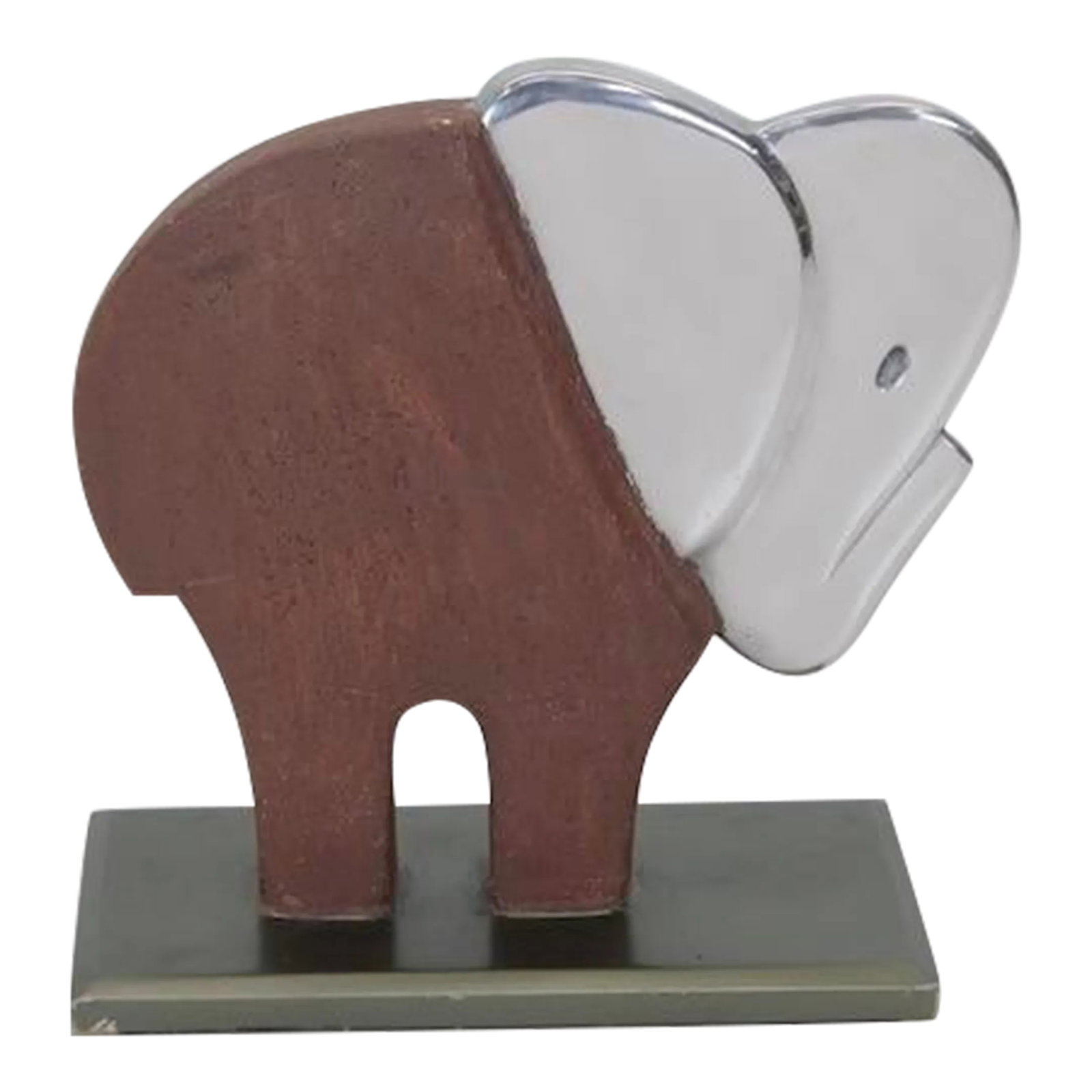 Mid Century Chrome & Polystone Elephant Statue: Tabletop modern design of elephant, chrome and polystone on a wood base, made in Philippines Condition: Good Dimensions: Elephant-8" H x 8.5" W x 1.5" D--Base 8" L x 4" W x .5" Thick Condition: