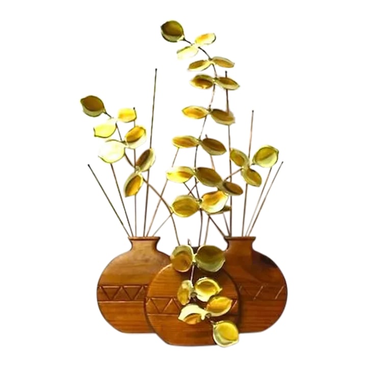 Teak Vases Brass Eucalyptus Wall Sculpture: Vintage teak sculpture has 3 one-dimensional teak vases, each holding brass branches with round raindrop leaves, similar to eucalyptus. Classic mid-century design CONDITION: Very good - excellent