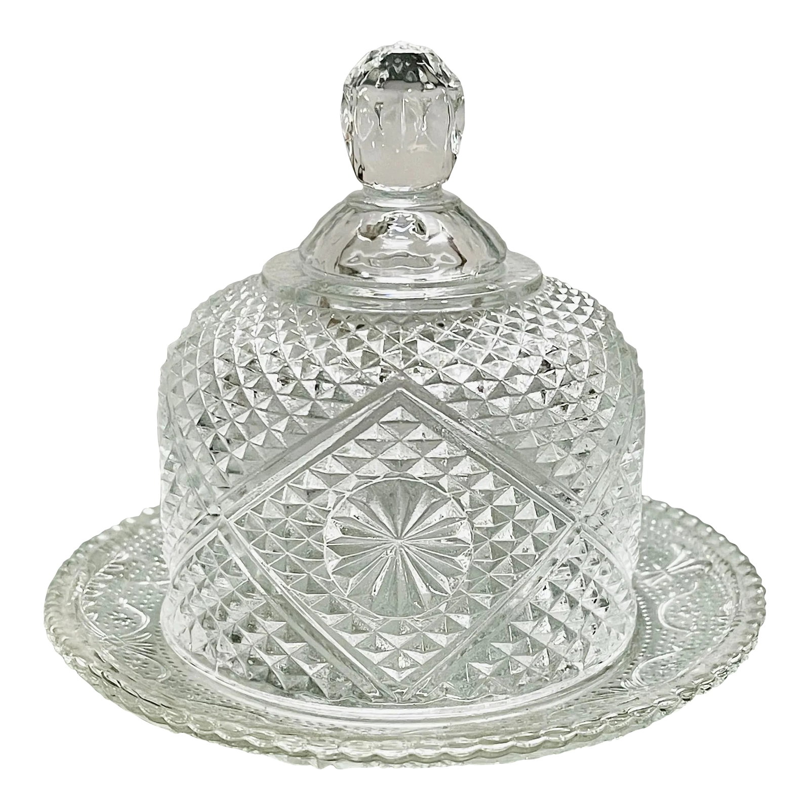 Vintage Diamond Pattern Pressed Glass Butter Dish: A beautiful vintage pressed glass covered dish perfect for elegant presentation of butter, cheese or any other tasty snack. Ships within 1-2 days using USPS. Arrives within 2-5 business days after