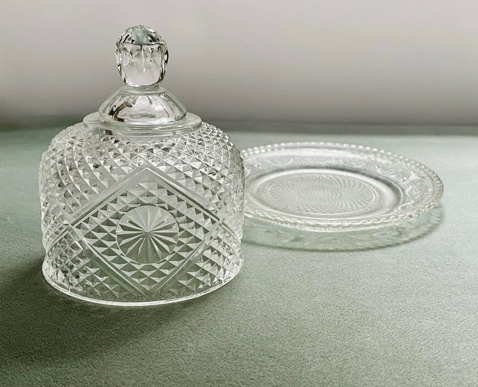 Vintage Diamond Pattern Pressed Glass Butter Dish - 2