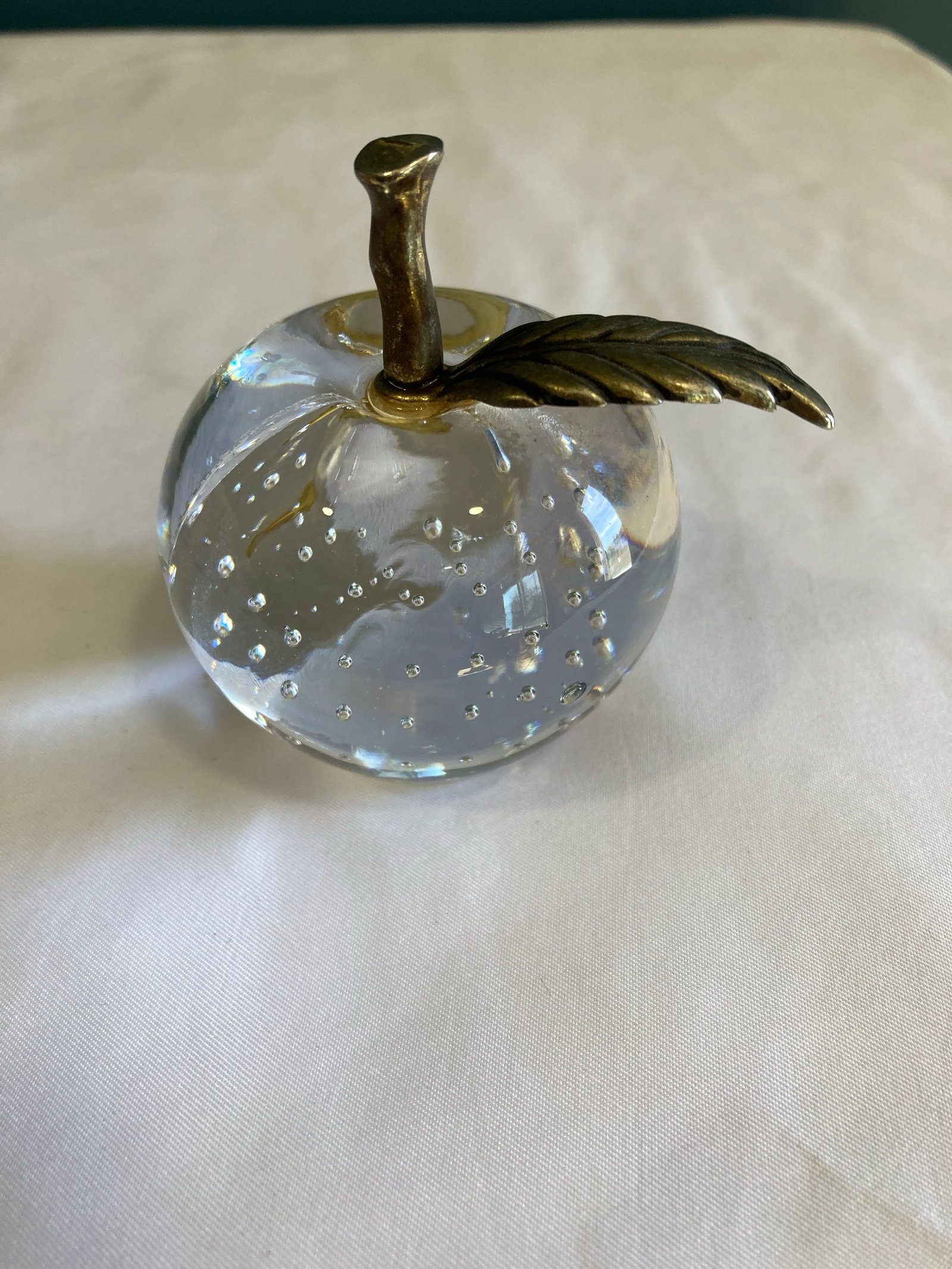 Vintage Glass Apple With Brass Leaves - 2