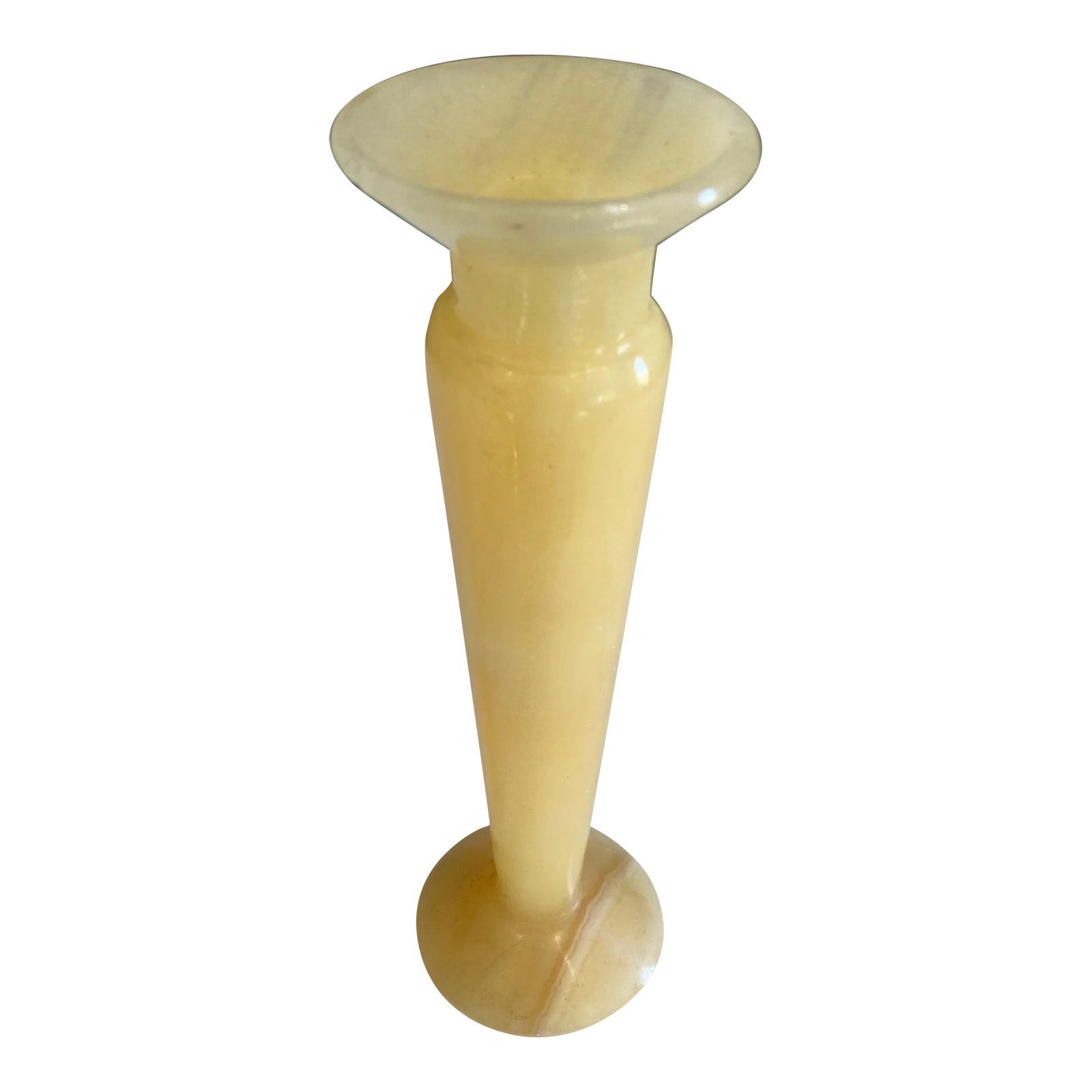 Italian Carved Alabaster Bud Vase: This very pretty alabaster bud vase is expertly carved from a single piece of natural stone, showcasing the soft veining and smooth finish characteristic of Italian craftsmanship. Elegant and understa