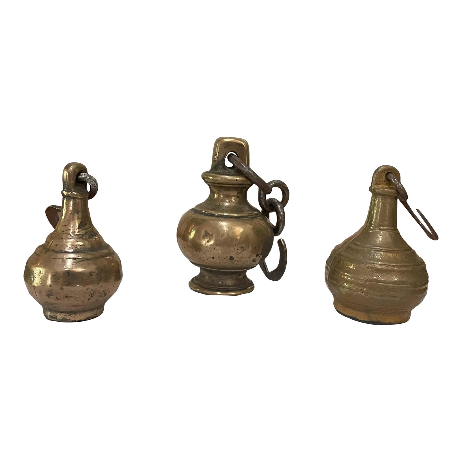 Set of 3 Antique Greek Brass Weights: A set of antique Greek brass weights. The largest one is a 2 1/2 pound weight and the other two are each a 1 pound weight. Attractive when placed as a grouping of three as an accessory. Condition: