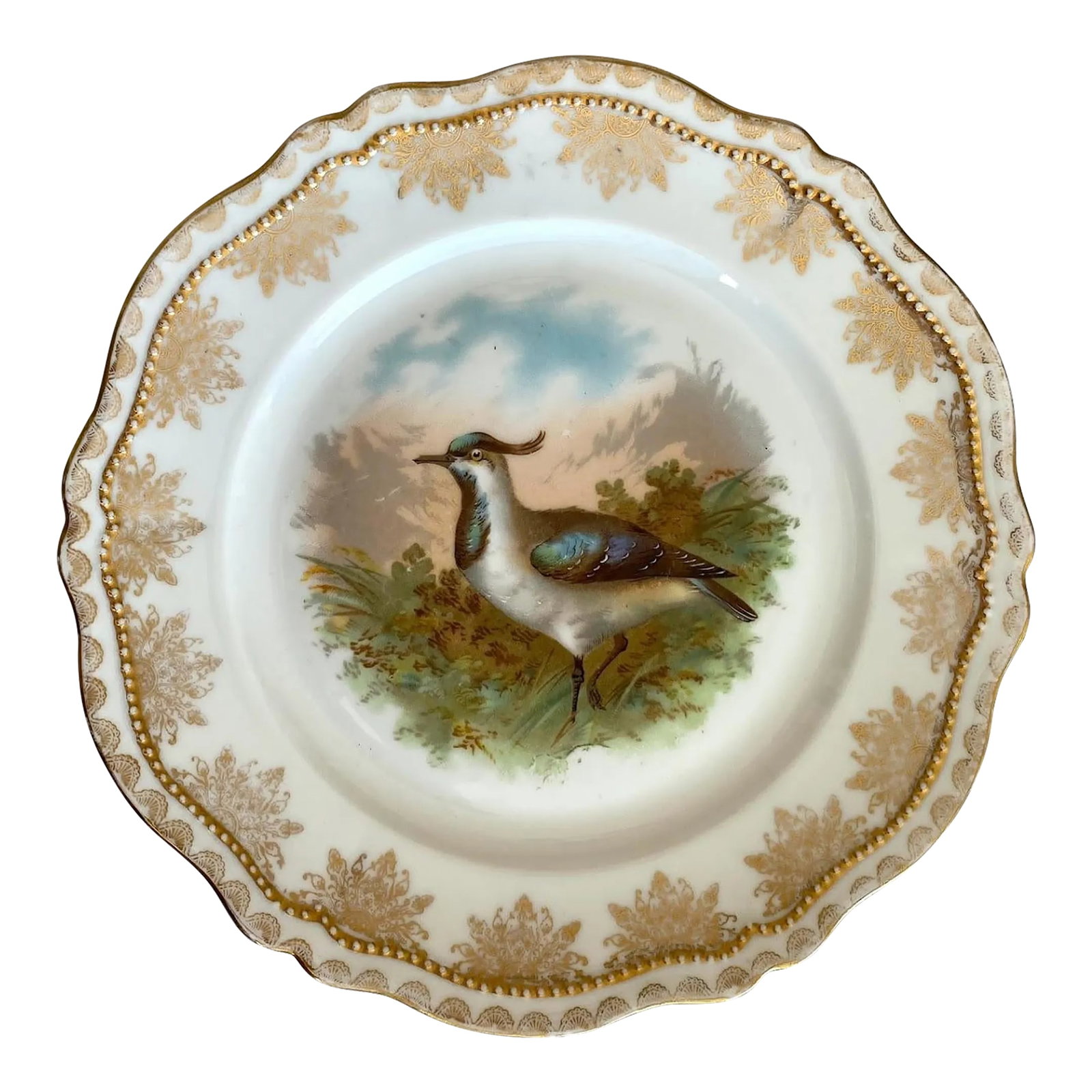 1910s Oscar & Edgar Gutherz Royal Austria Luncheon Plate with Game Bird Scene, Gold Floral Rim, Gold: The Oscar & Edgar Gutherz Royal Austria Plate set is adorned with various game bird scenes. Each plate features a captivating gold floral rim with delicate gold dots trim, adding a touch of elegance