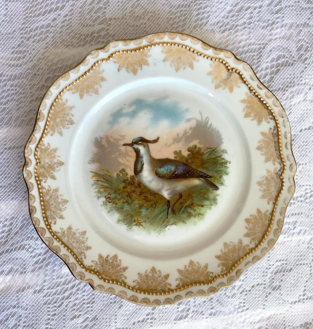 1910s Oscar & Edgar Gutherz Royal Austria Luncheon Plate with Game Bird Scene, Gold Floral Rim, Gold - 2