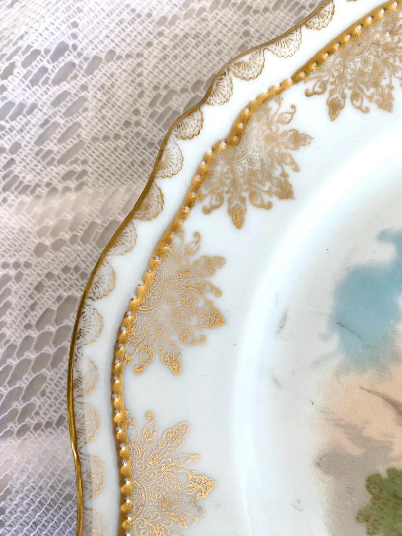 1910s Oscar & Edgar Gutherz Royal Austria Luncheon Plate with Game Bird Scene, Gold Floral Rim, Gold - 4