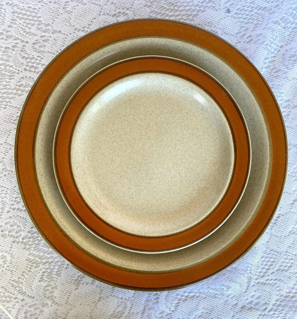 1990s Sears Sahara Japan Orange Dinner Plate - Set of 3, Stoneware, Orange Color Band - 8