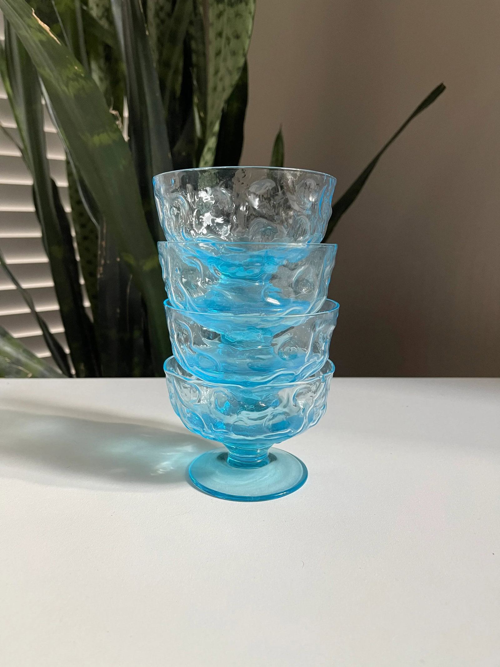 Vintage Mid-Century Modern Anchor Hocking Lido Milano Blue Sherbet/Dessert Crinkle Glasses- Set of 4 - 10