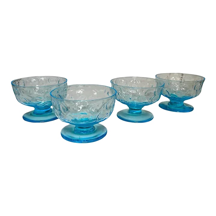 Vintage Mid-Century Modern Anchor Hocking Lido Milano Blue Sherbet/Dessert Crinkle Glasses- Set of 4: These vintage Anchor Hocking Sherbet/Dessert glasses are in excellent condition and are in a rare, beautiful bright blue color. There are 4 in the set and as can be seen from the photos, they stack ni