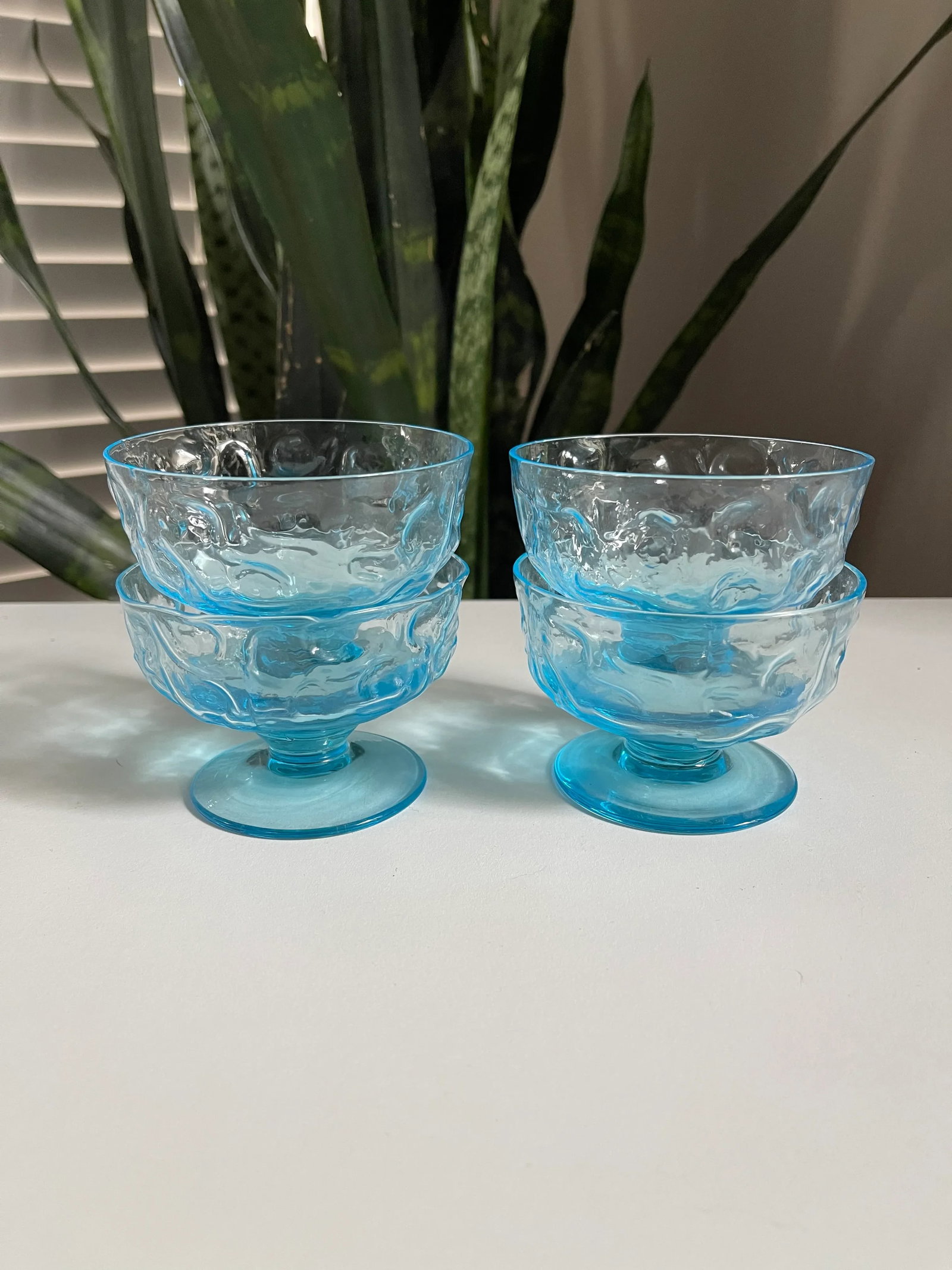 Vintage Mid-Century Modern Anchor Hocking Lido Milano Blue Sherbet/Dessert Crinkle Glasses- Set of 4 - 3