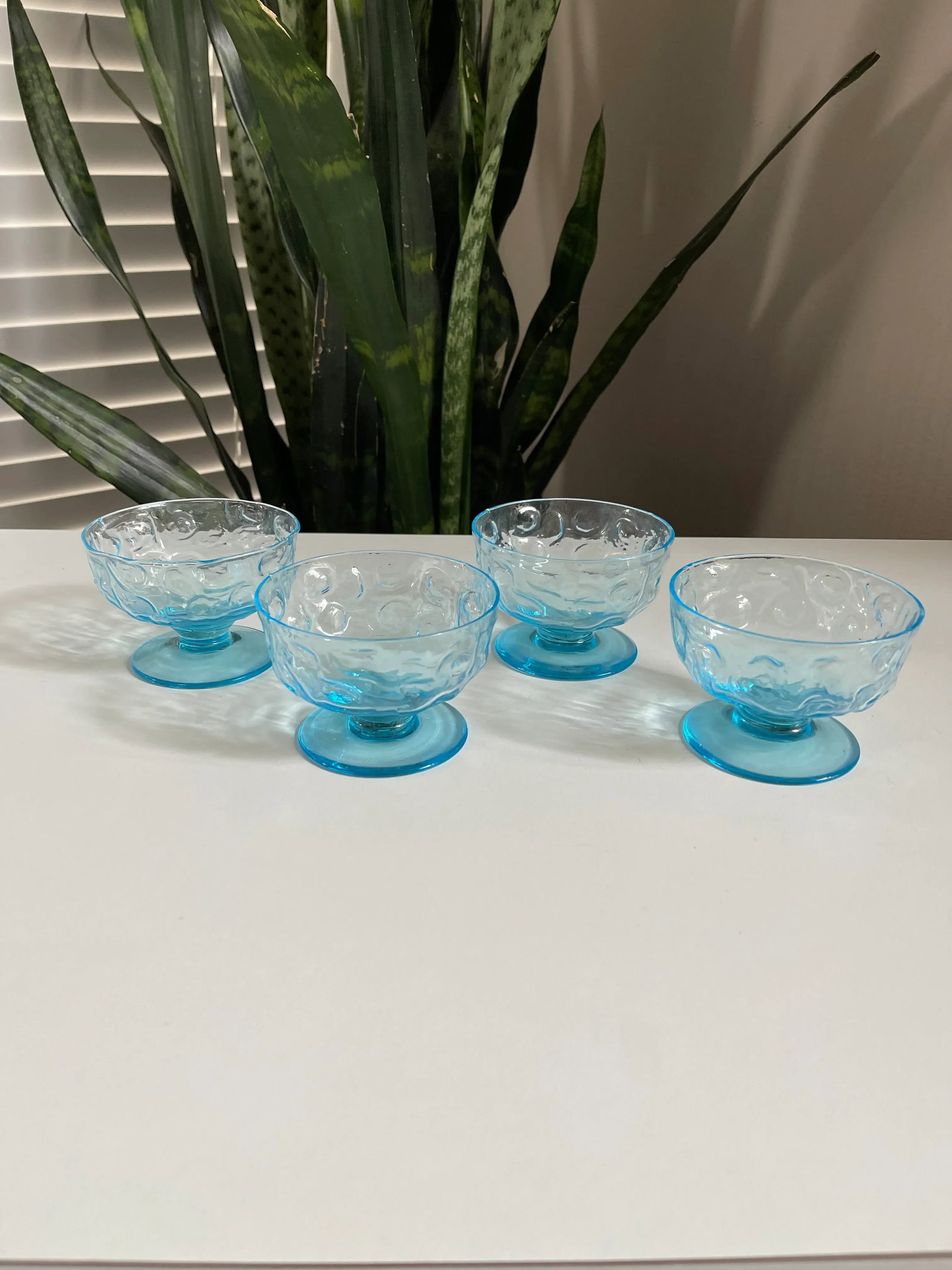Vintage Mid-Century Modern Anchor Hocking Lido Milano Blue Sherbet/Dessert Crinkle Glasses- Set of 4 - 4