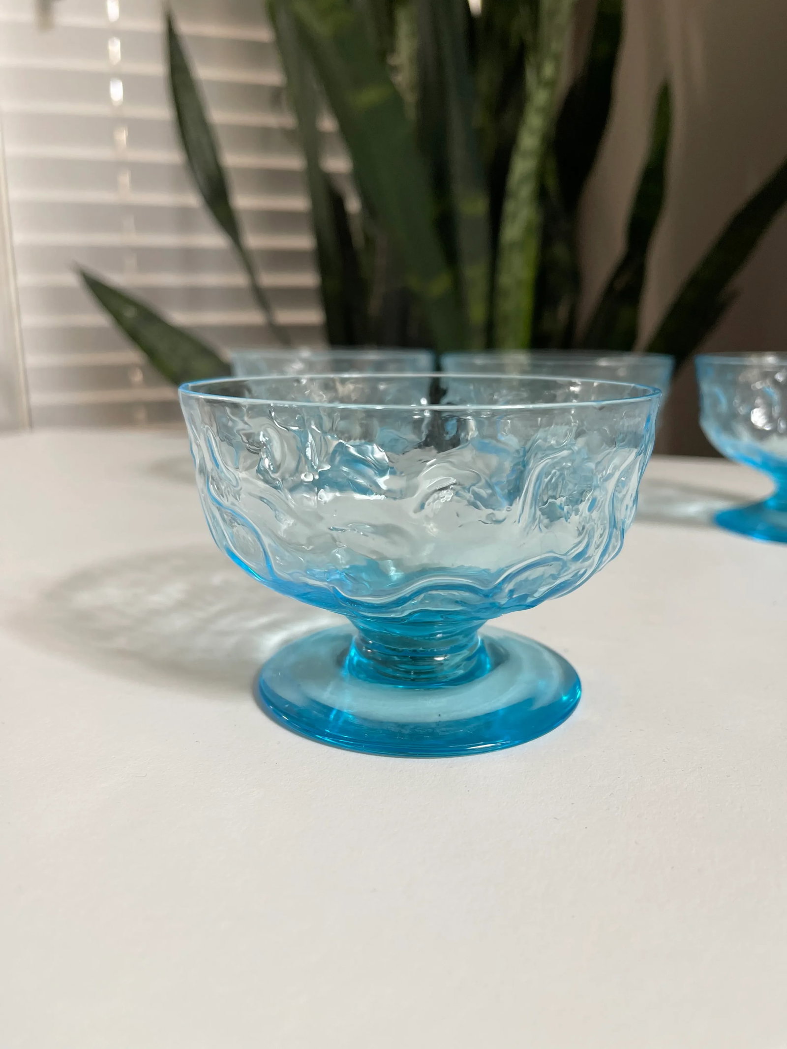 Vintage Mid-Century Modern Anchor Hocking Lido Milano Blue Sherbet/Dessert Crinkle Glasses- Set of 4 - 5