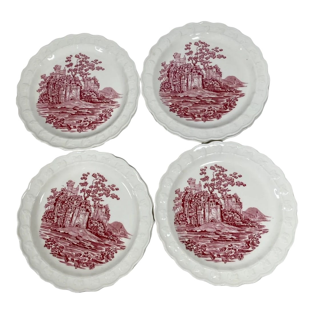 1980s Taylor Smith & Taylor Pink Castle Bread/Butter Plate - Set of 4, Dark Pink English Scenes, Gar: Taylor, Smith & Taylor (TS&T) was a prominent American pottery company that operated from the late 19th century through the mid-20th century. The company was known for producing a wide range of