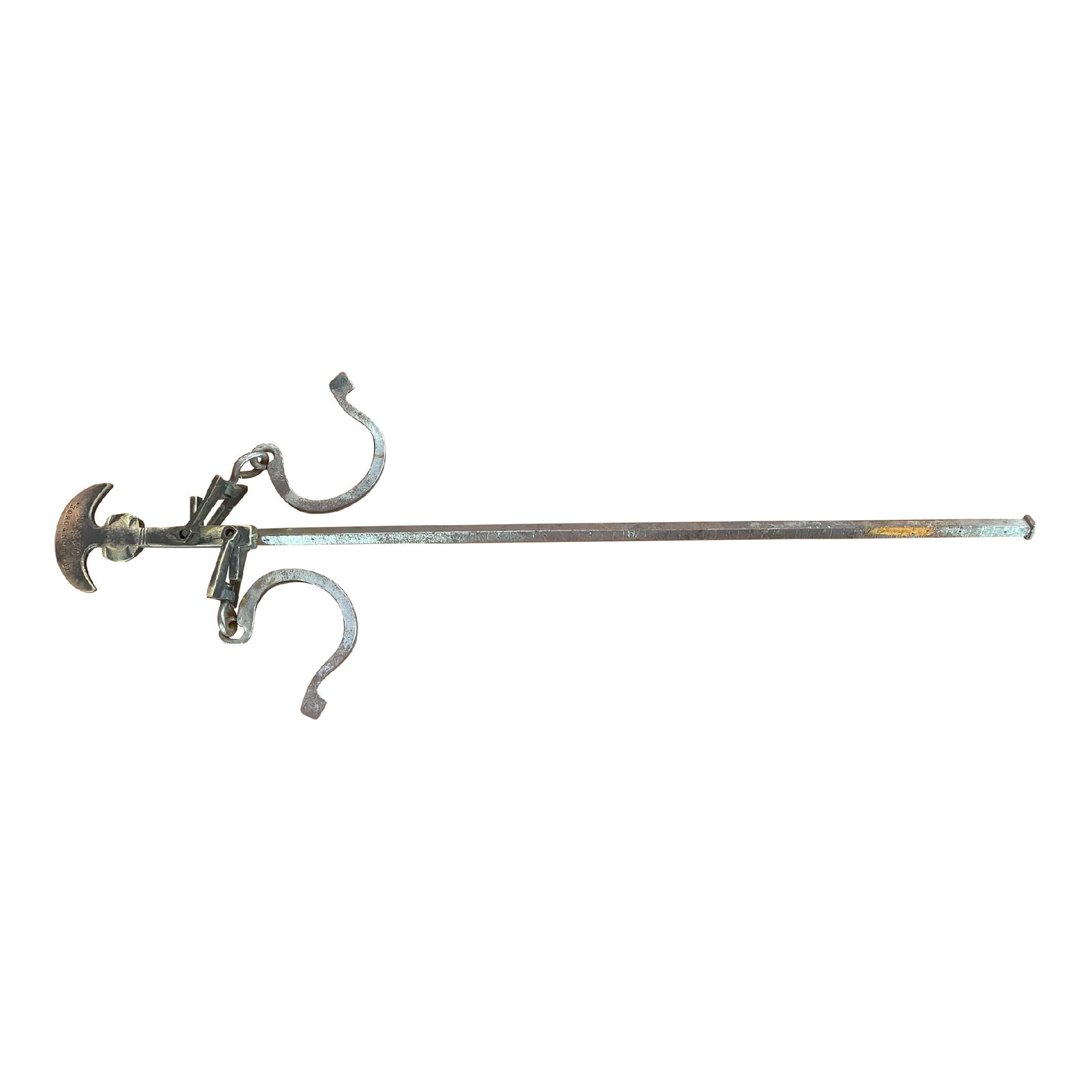 Antique Greek Decorative Butcher's Steelyard Weighing Instrument: Antique Greek decorative butcher's steelyard iron weighing instruments. With two hooks, one's hook is up and one is down. Condition: Alterations: Original Condition Unaltered Imperfections: Needs