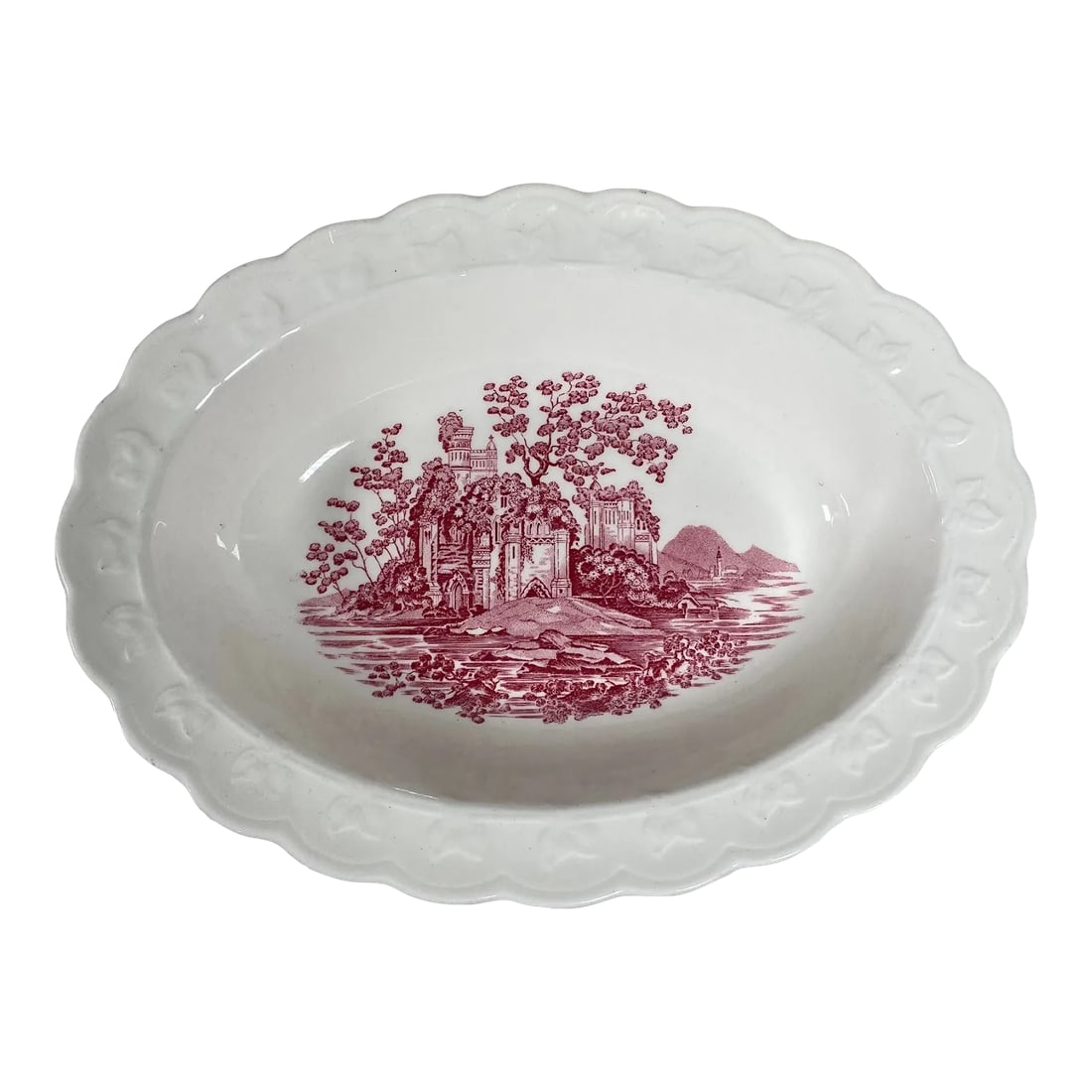 1970s Taylor, Smith Pink Castle Oval Vegetable Bowl - Dark Pink English Scenes, Garland Shape: Taylor, Smith & T (TS&T) was a prominent American pottery company that operated from the late 19th century through the mid-20th century. The company was known for producing a wide range of ceramic