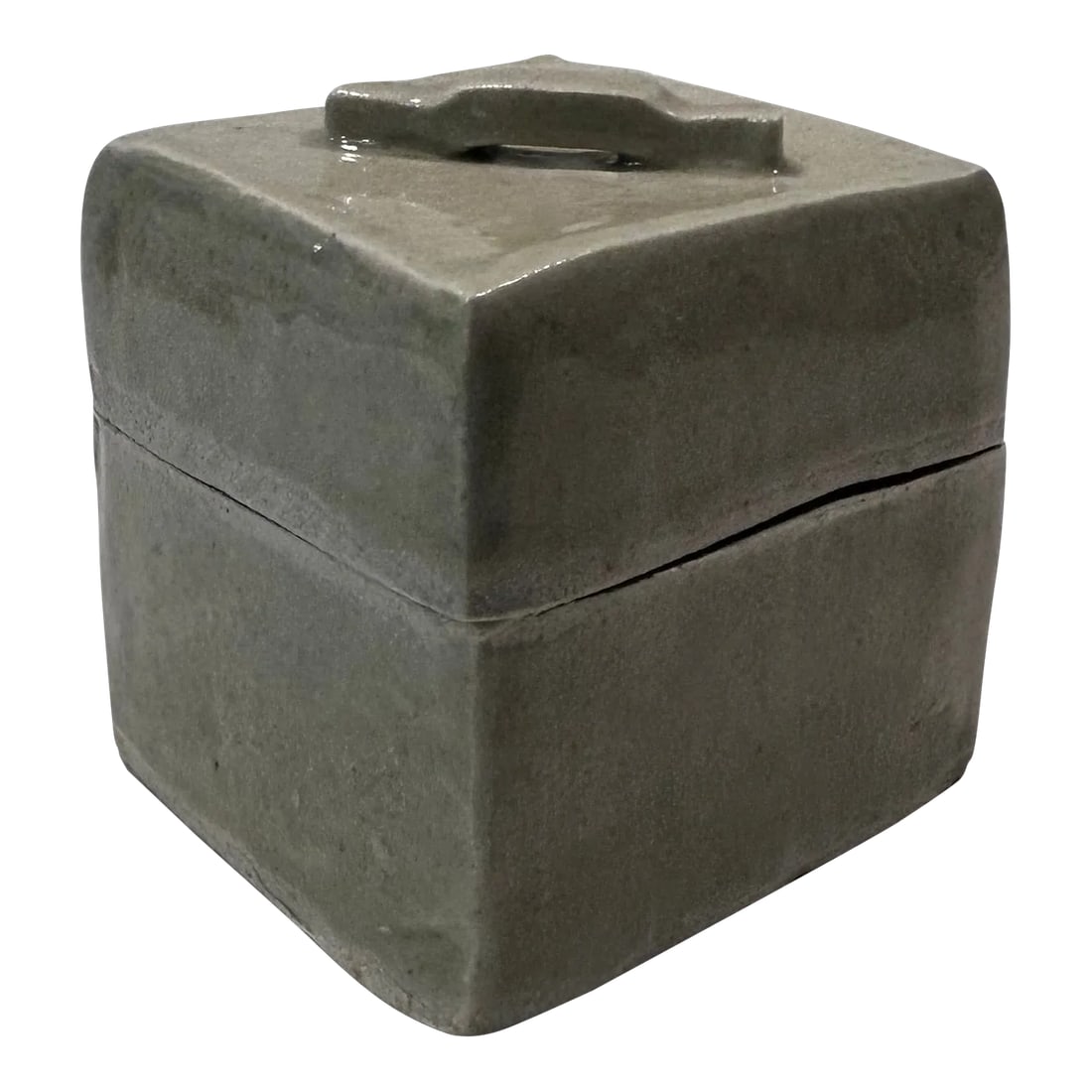 Folk Art Origami Inspired Studio Pottery Box, Signed by Artist: Big things come in small (studio pottery)boxes! This chic 'greige' glazed box with lid by artist Khourg, is a wonderful example of origami inspired studio pottery. Use it to hold small treasures or