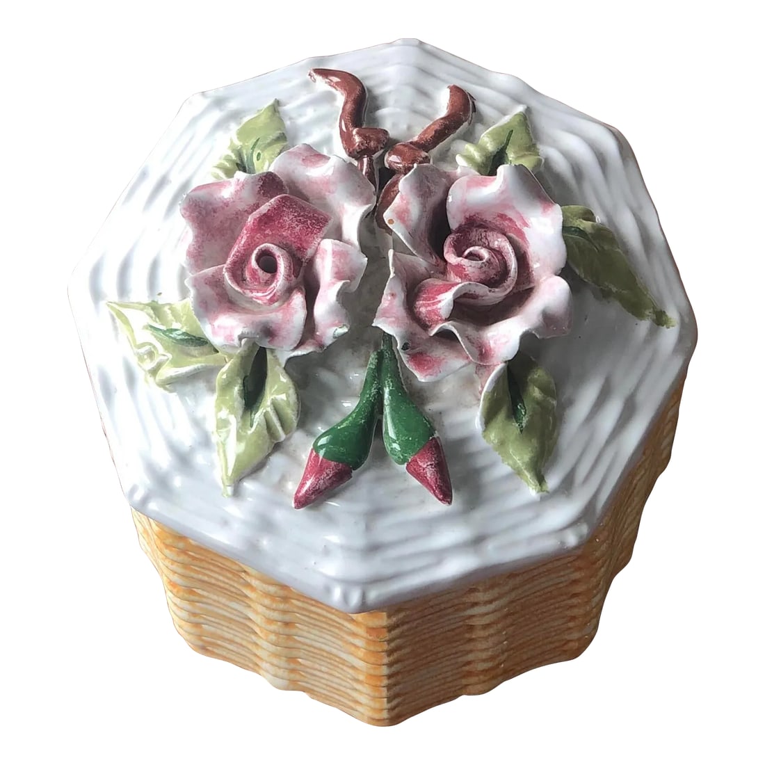 Mid-20th Century Italian Ceramic Flower Topped Box by Bellini: This beautiful rose topped box was hand-crafted in Italy by a skilled ceramic artisan and features two roses in full bloom surrounded by rosebuds and on a cushion of leaves atop of a basket weave