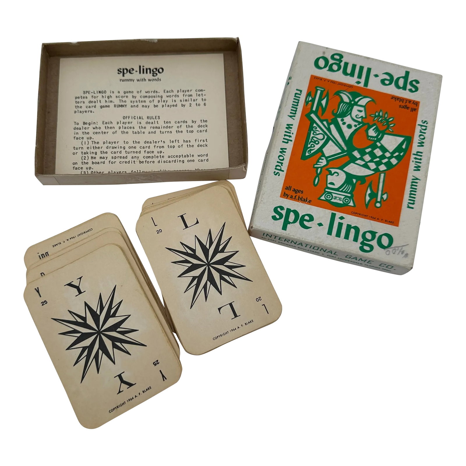 Vintage Card Game Spe Lingo Rummy With Words 1964: Spe-Lingo is a game of words. Each player competes for high score by composing words from letters dealt him. The system of play is similar to the card game Rummy. Rummy with words by A F Blake. 1964. 