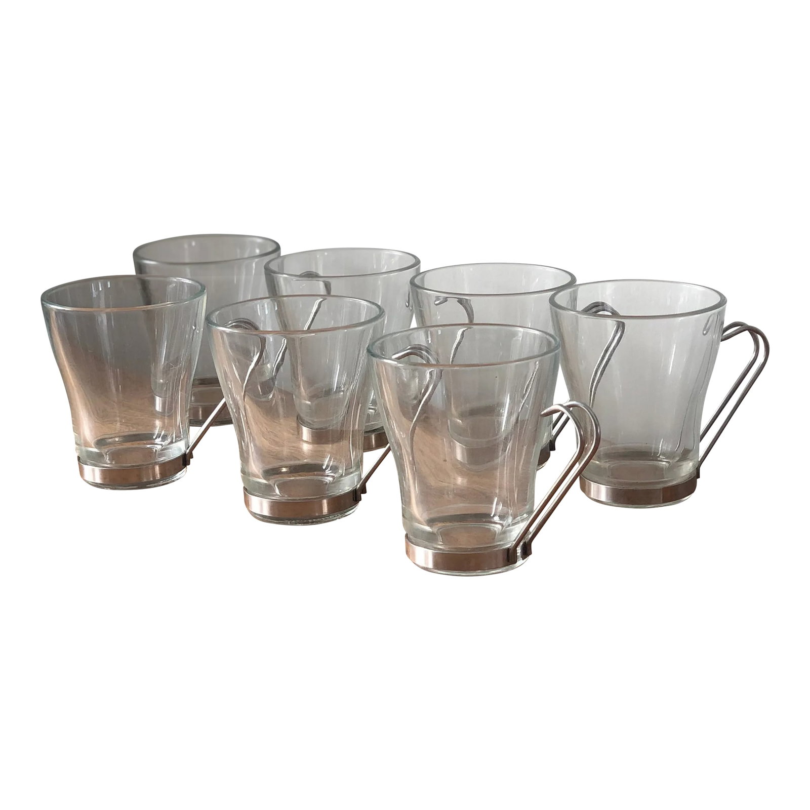 Vintage 1980s Italian Cappuccino Cups-Set of 7: Sleek and simple Italian Vitrosax cappuccino cups from Bormioli Rocco. Perfect for the minimalist or the industrial style table Tempered glass with stainless base and handle that can be removed for
