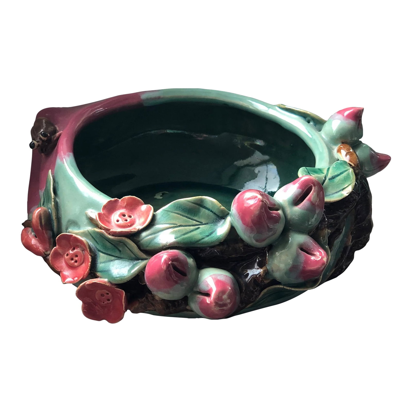 Vintage Chinese Peach Offering Bowl: Vintage Chinese offering bowl is in the shape of a peach and adorned with peaches, a branch with blossoms and a beetle along the rim-all symbols of prosperity, good fortune and longevity, and