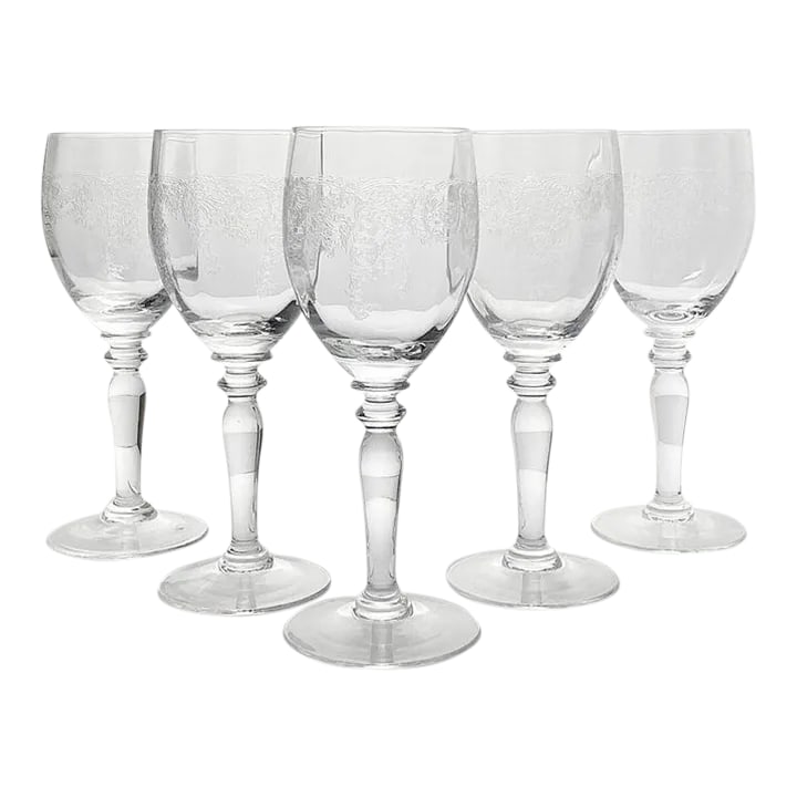 1970s Bohemia Crystal-Crystalex "Thistle" Set of 5 Crystal Wine Glasses: Bohemia Crystal-Crystalex "Thistle" Set of 5 Crystal Wine Glasses 7" 6oz No chips, cracks, or fleabites. Height 7" Length (Opening) 2 1/2" Holds 6oz Circa 1970s Condition: Alterations: Original