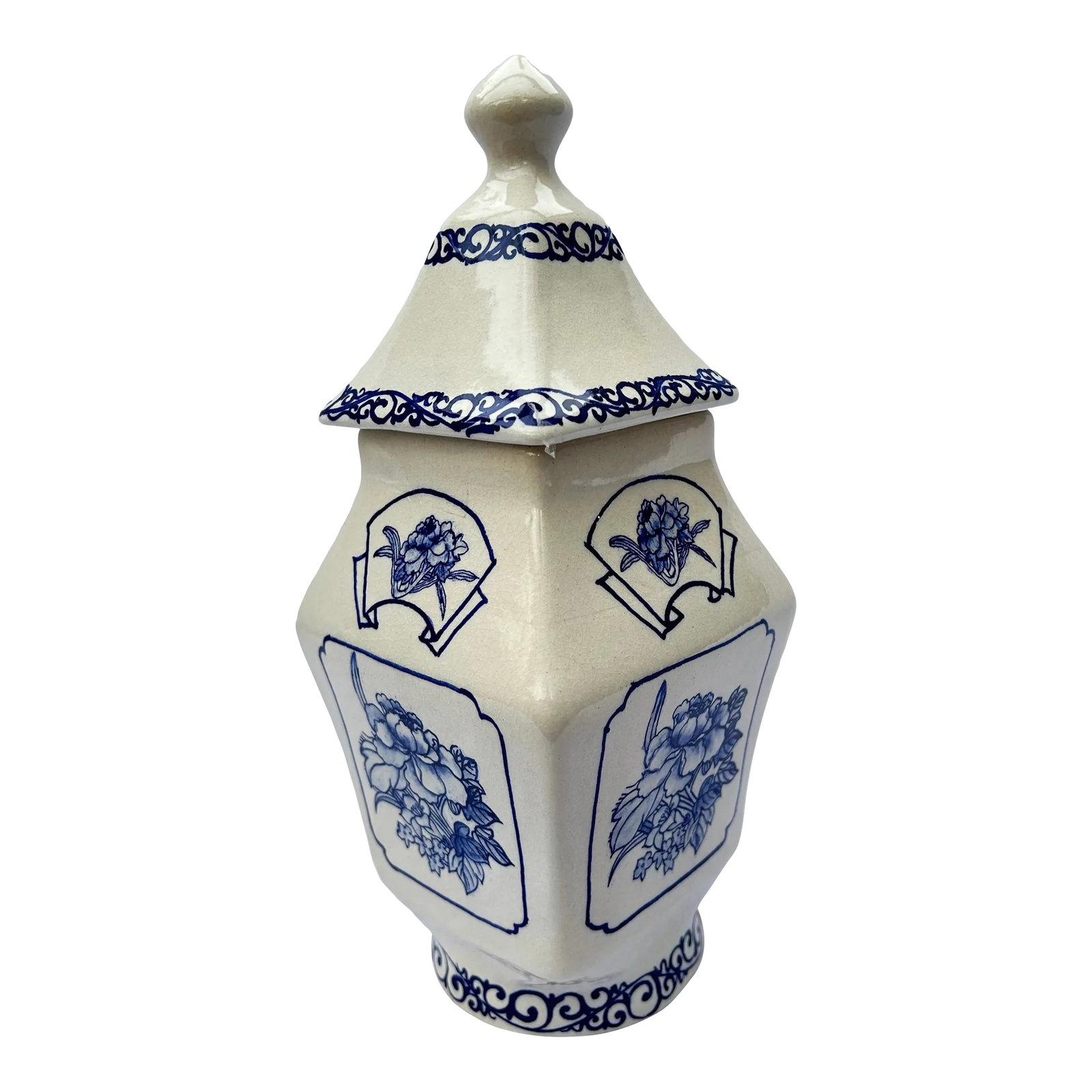 Late 20th Century Delft Style Blue and White Floral Lidded Vase: This unique ceramic vase with lid is beautifully decorated in Delft style blue floral art on a white background. DIMENSIONS 4.5"w 4.5"d 11.5"h PS: If you purchase more than one item, we COMBINE SHIP