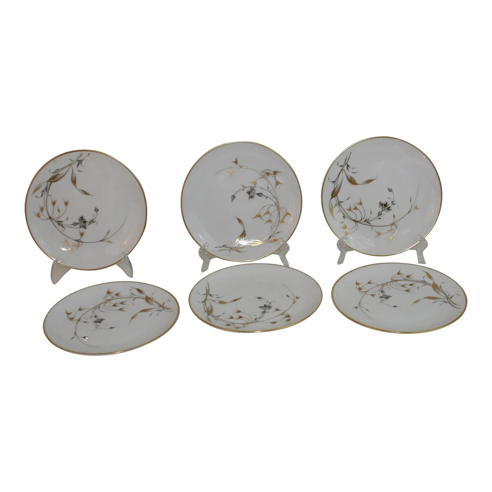 Mid 20th Century Mid Century Heinrich German Porcelain White & Gold Hand Painted Plates - Set of 6: Vintage Heinrich & Co. Selb, Bavaria Germany Porcelain Floral Dessert / Bread / Cocktail 6 " Dishes Set of 6 Golden Harvest Pattern. These plates are artistically hand-painted with 22K gold edging.