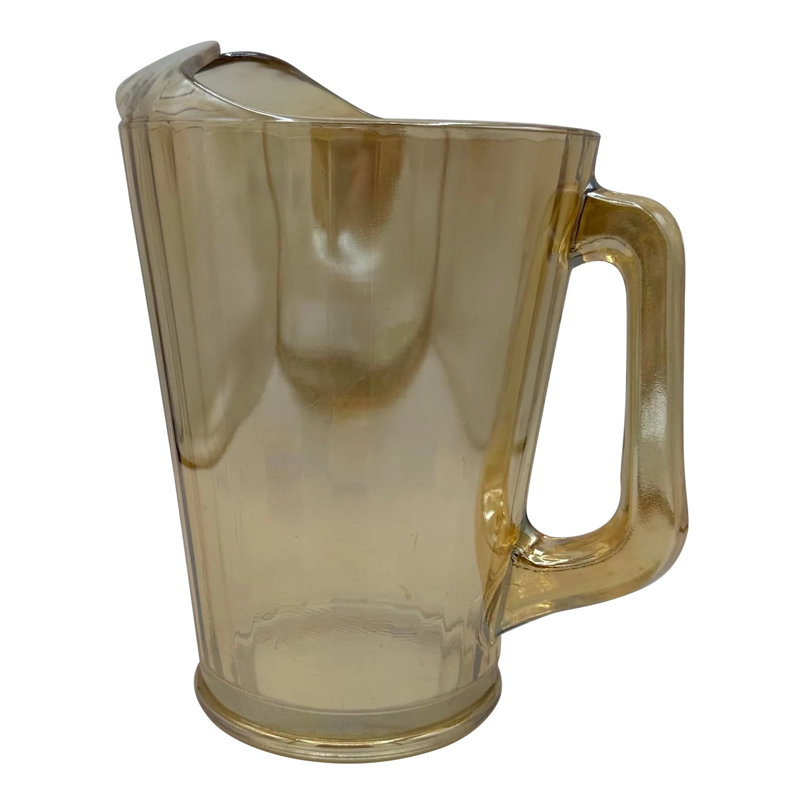 1950s Carnival Glass Jeanette Marigold Orange Irredescent Lusterware Pitcher: Beautiful mid century peach lusterware glass pitcher. No markings. Appx 9" tall, x 5.5" deep. Condition: Alterations: Original Condition Unaltered Imperfections: Some Imperfections Condition Notes: