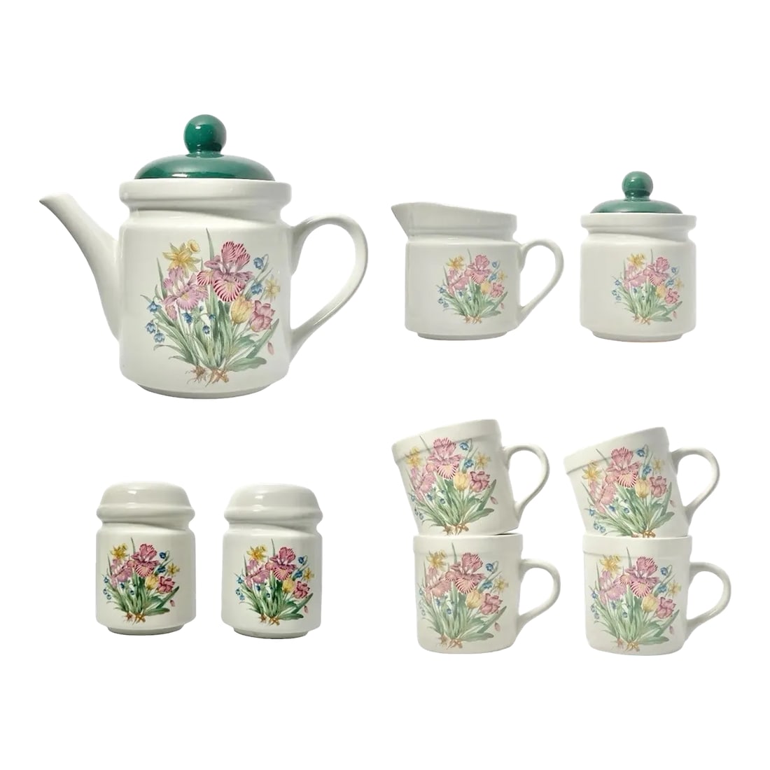 1980s 9-Piece Portmeirion-Style Botanical Floral Iris Ceramic Serving Dinnerware Set: 1980s Portmeirion-Style Botanical Floral Iris Ceramic Serving Dinnerware Set No chips, cracks, or fleabites. Set Includes 4 Mugs 3 1/2" 10oz 1 Pair of Salt & Pepper Shakers 4" 1 Teapot & Lid 7 1/4" 5 