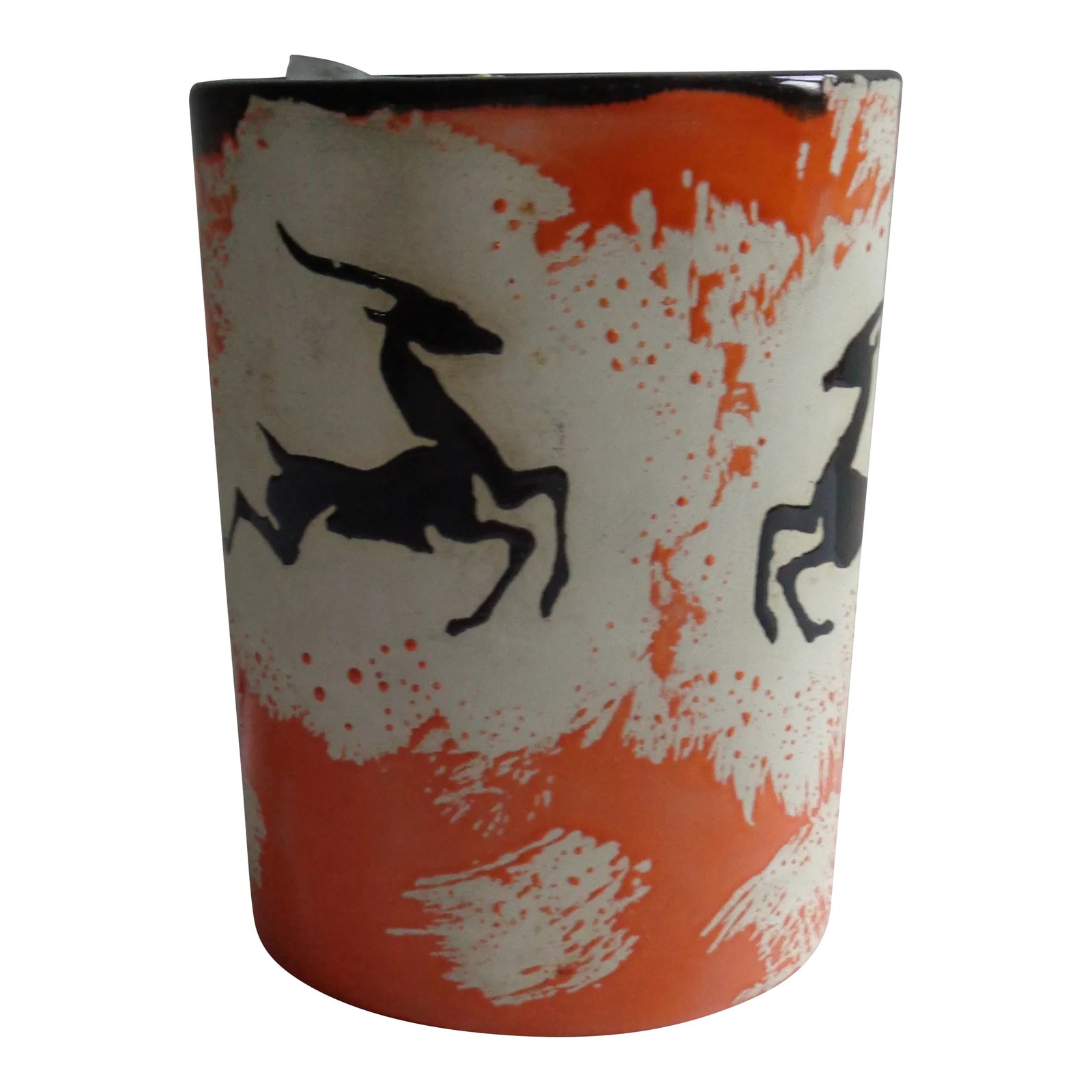 Mid-Century Czechoslovakian Orange and White Vase: Stunning mid-20th-century oval vase. Czechoslovakia. Orange and white raised painting with black leaping gazelle decor. Perfect for pens/pencils or dried or fresh flowers. Condition: Alterations: