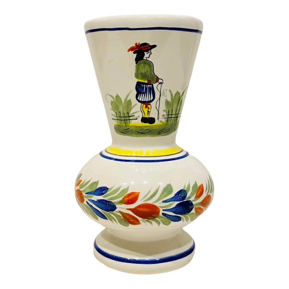 1960s French Quimper Faience Bud Vase: Sweet little hand painted bud vase, signed "Henriot Quimper, France." Nice addition to a Quimper collection. Does not appear to be used. Condition: Alterations: Original Condition Unaltered