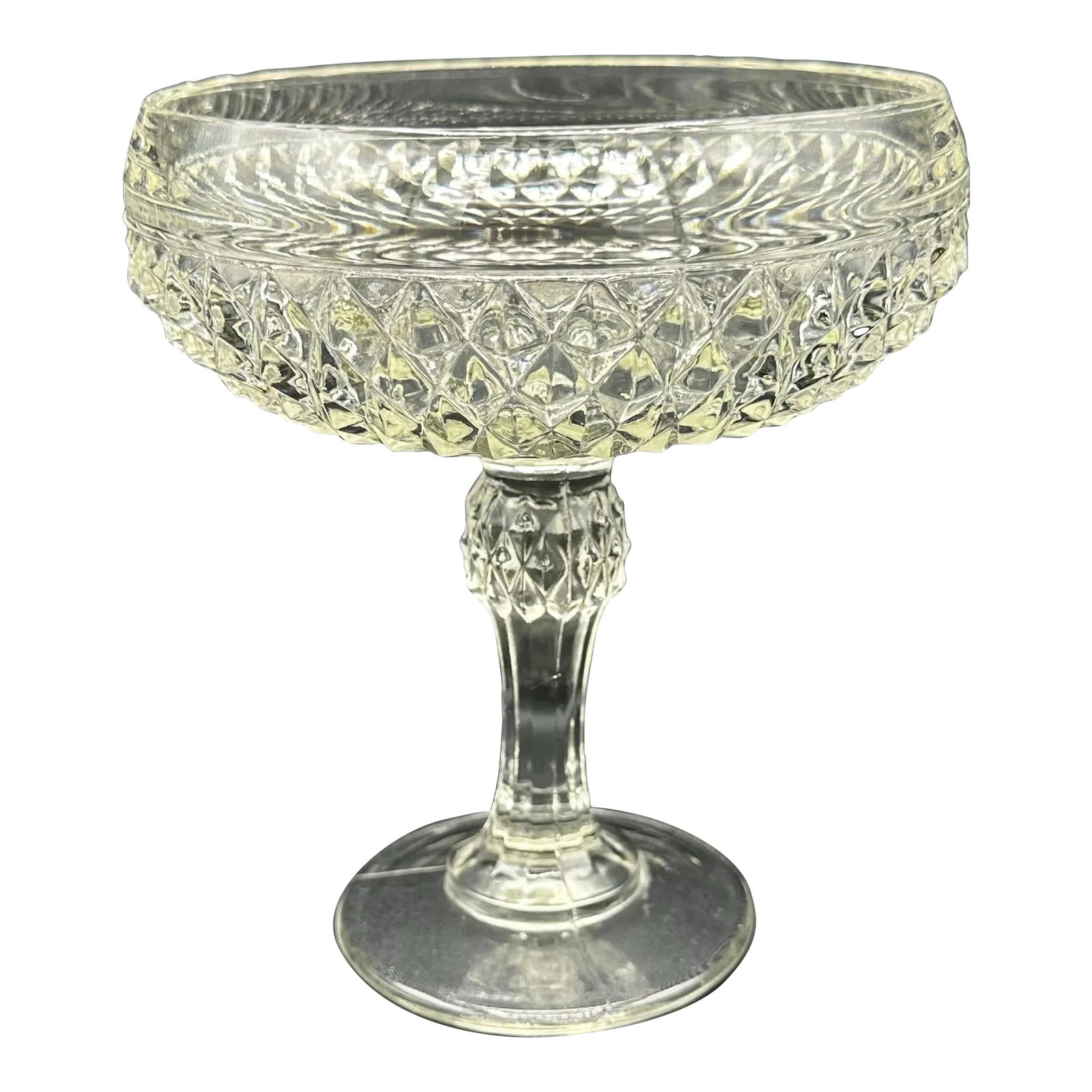 1940s Indiana Glass Pedestal Diamond Cut Compote Candy Dish: Indiana Glass Diamond Point Pedestal Clear Compote Candy Dish Add a touch of vintage charm to your home decor with this beautiful Indiana Glass Diamond Point Pedestal Compote. The clear glass diamond