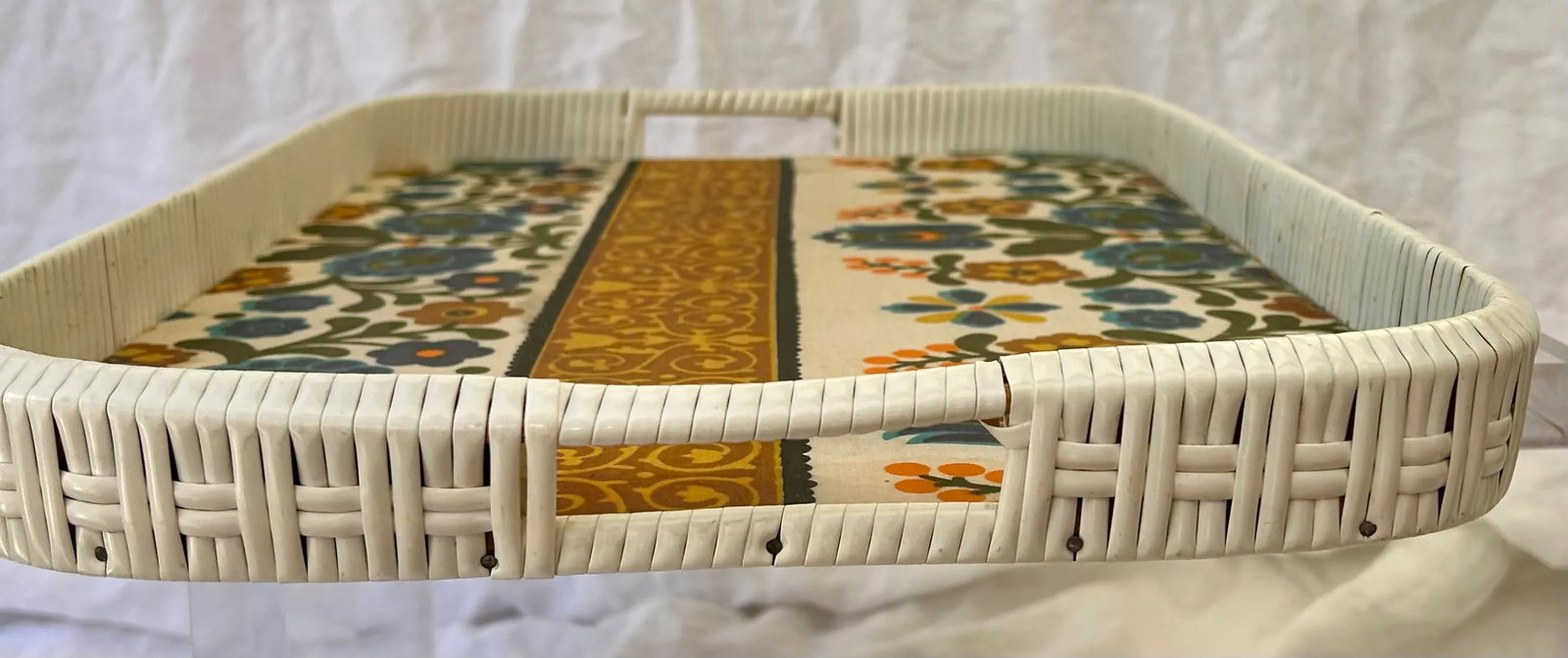 Vintage Boho Chic Americana Floral Lined Faux White Wicker Tray - 6