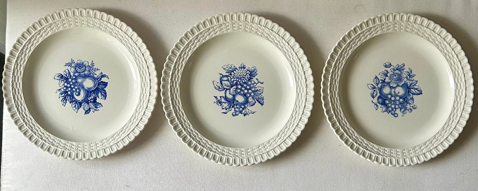 Vintage Spode Blue and White Fruit and Floral Basket Weave Ceramic Plates- Set of 3 - 10
