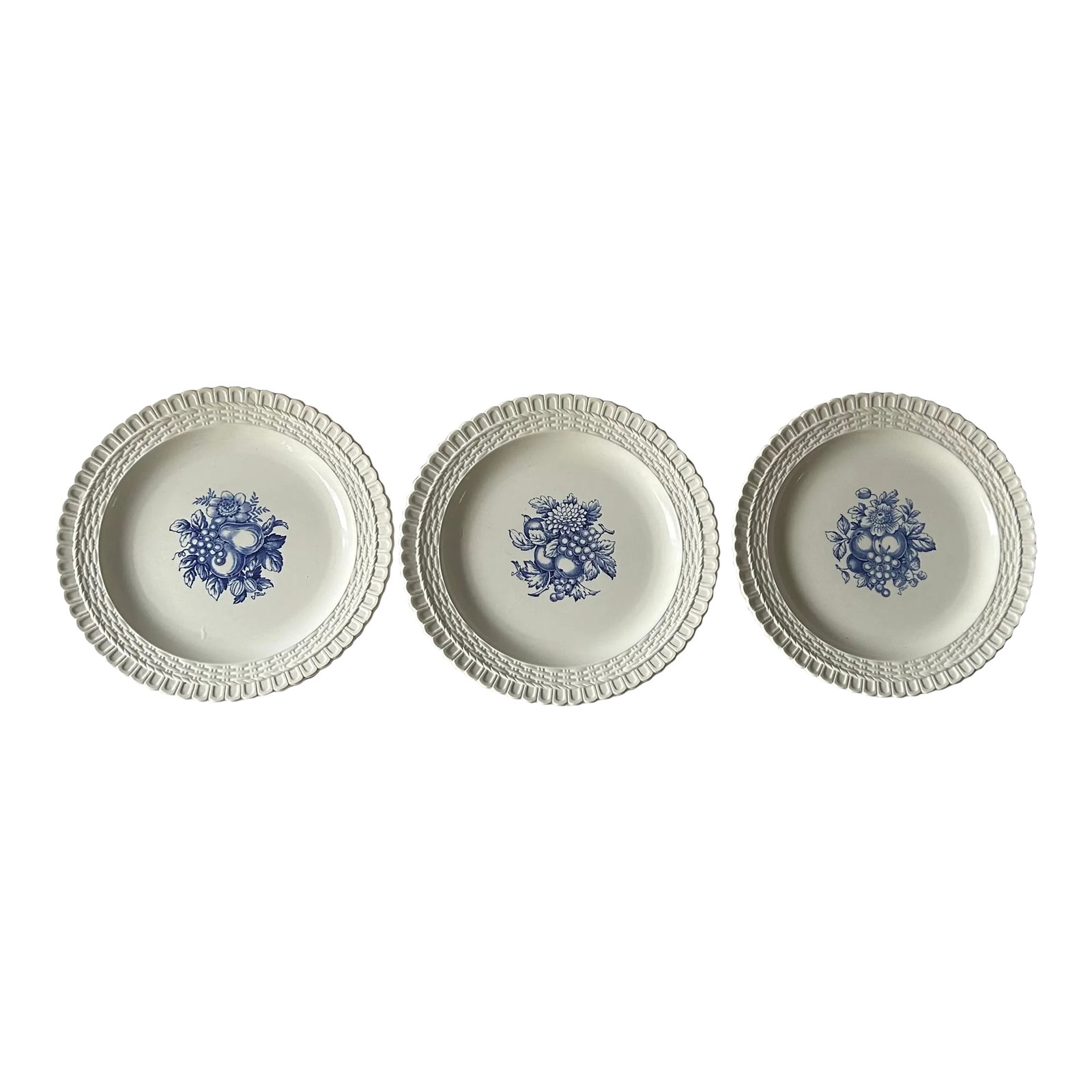 Vintage Spode Blue and White Fruit and Floral Basket Weave Ceramic Plates- Set of 3: Set of three Blue and white Spode Copeland Basket Weave Scalloped Edge 9.5" plates. Pattern: Blue Fruit Flower This beautiful pattern is unique in that each plate has a slightly different variation on