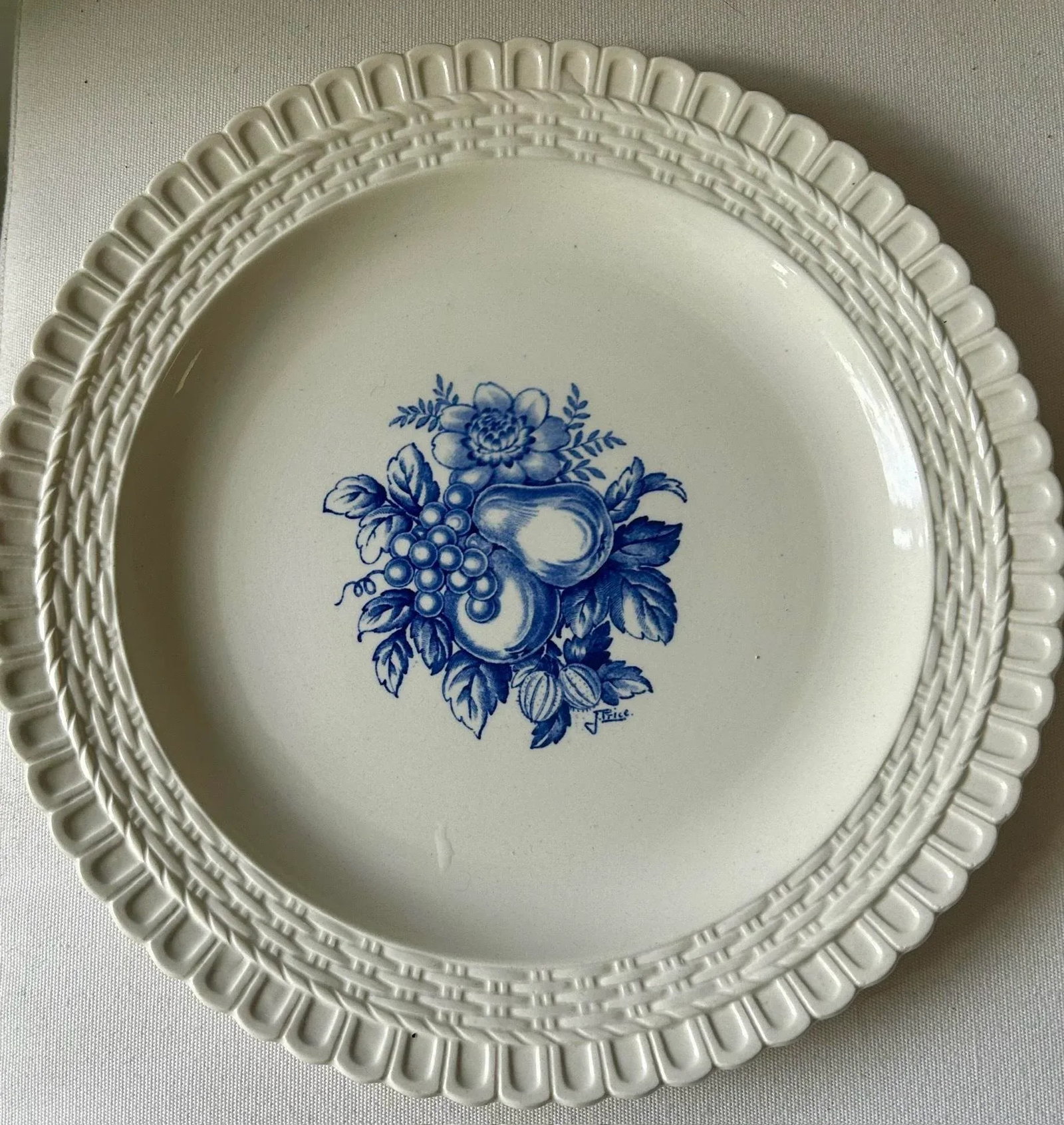 Vintage Spode Blue and White Fruit and Floral Basket Weave Ceramic Plates- Set of 3 - 3