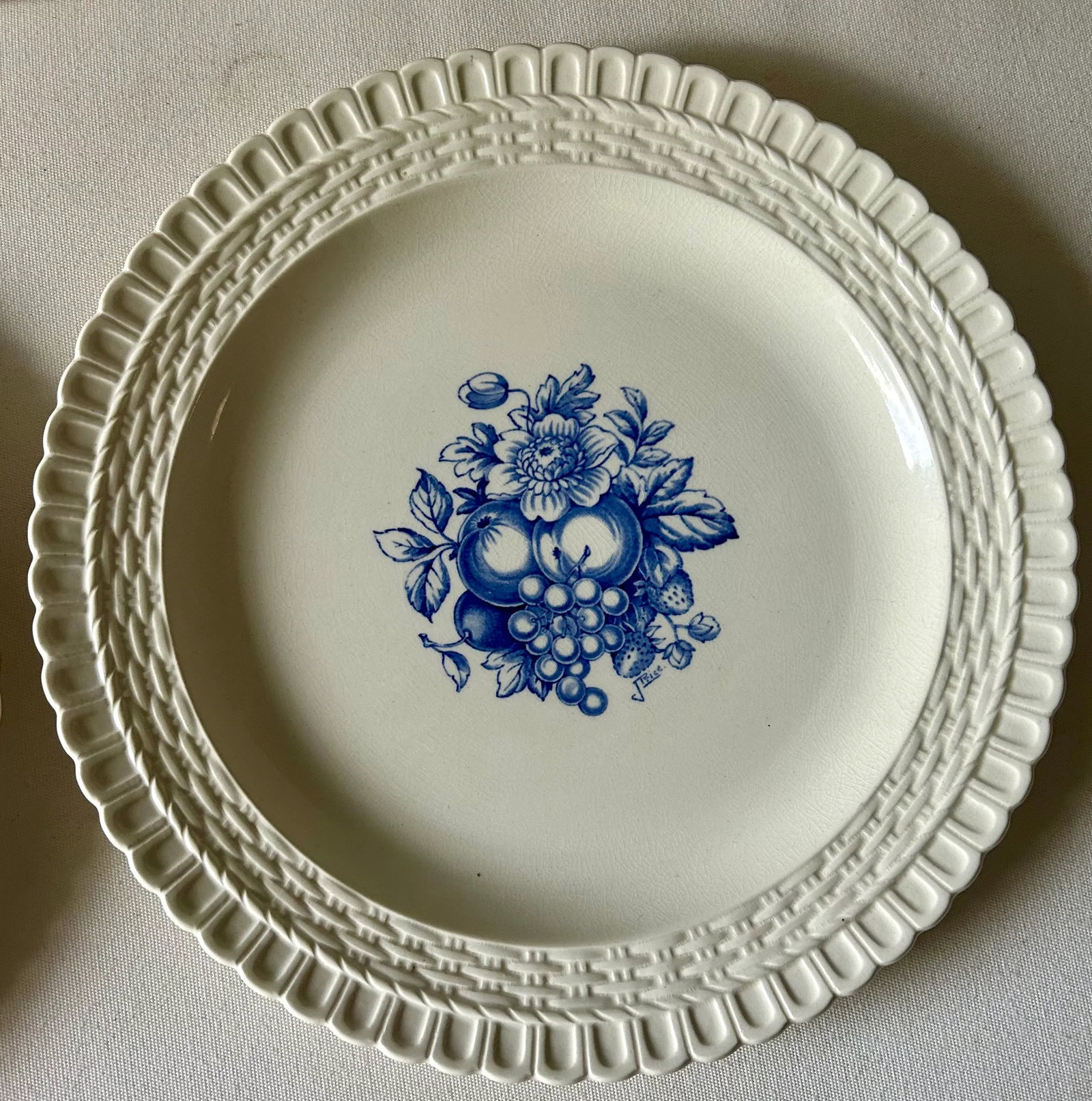 Vintage Spode Blue and White Fruit and Floral Basket Weave Ceramic Plates- Set of 3 - 4