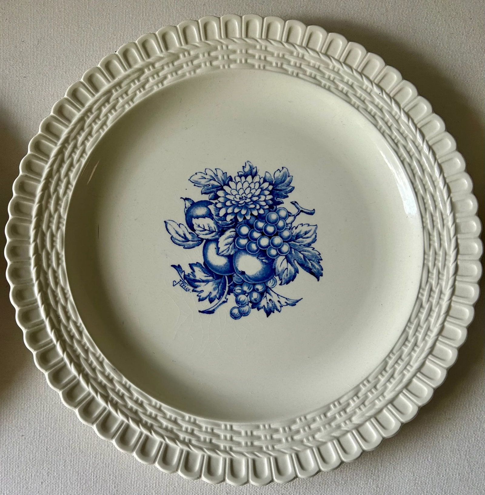 Vintage Spode Blue and White Fruit and Floral Basket Weave Ceramic Plates- Set of 3 - 5