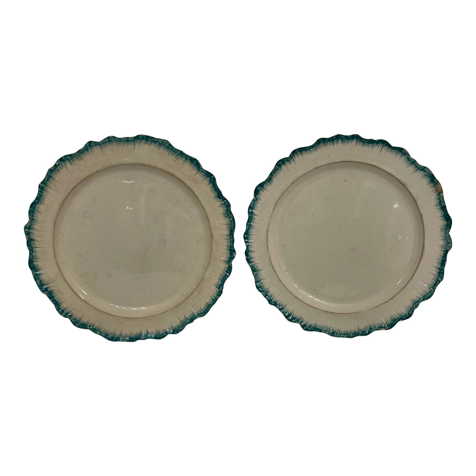 Pair 1780s Wedgwood Shell Edge Plates: Rare survivors. A pair of Wedgwood shell or feather edge plates. English 1780-1800. Condition: Alterations: Original Condition Unaltered Imperfections: Some Imperfections Condition Notes: Good