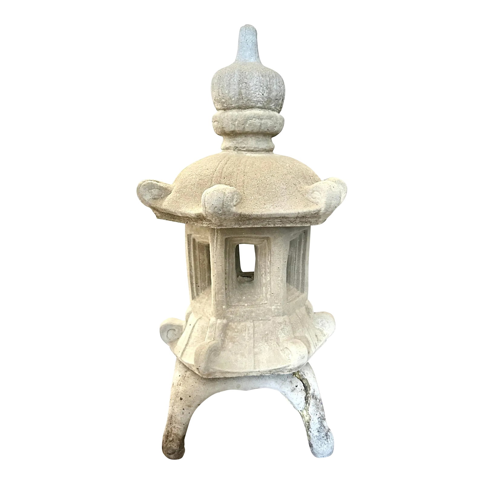 1990s Japanese Pagoda Cast Concrete Garden Lantern: Japanese Pagoda cast concrete Garden Lantern. Comes apart into 3 sections. Damage and repairs made to feet but stable. Acquired at an art collector's large estate auction in 202:. Condition: