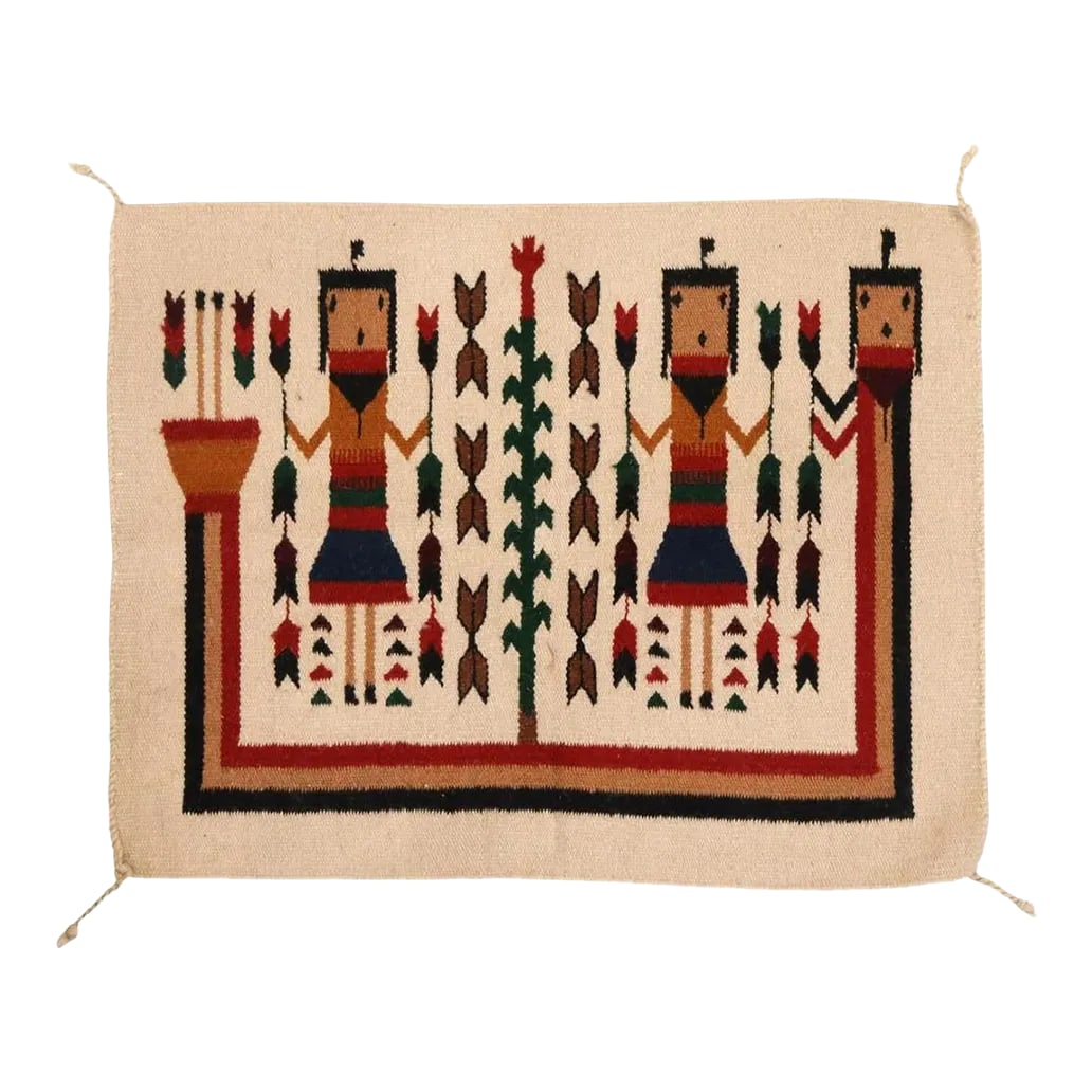 Vintage Tan Yei Navajo Style Rug Wall Hanging: Vintage tan Yei style wool rug in the style of Navajo. Mexico, mid - 20th c. The woolen rug has a tan background color on which are two stylized figures on each side of a center cornstalk. Dimensions