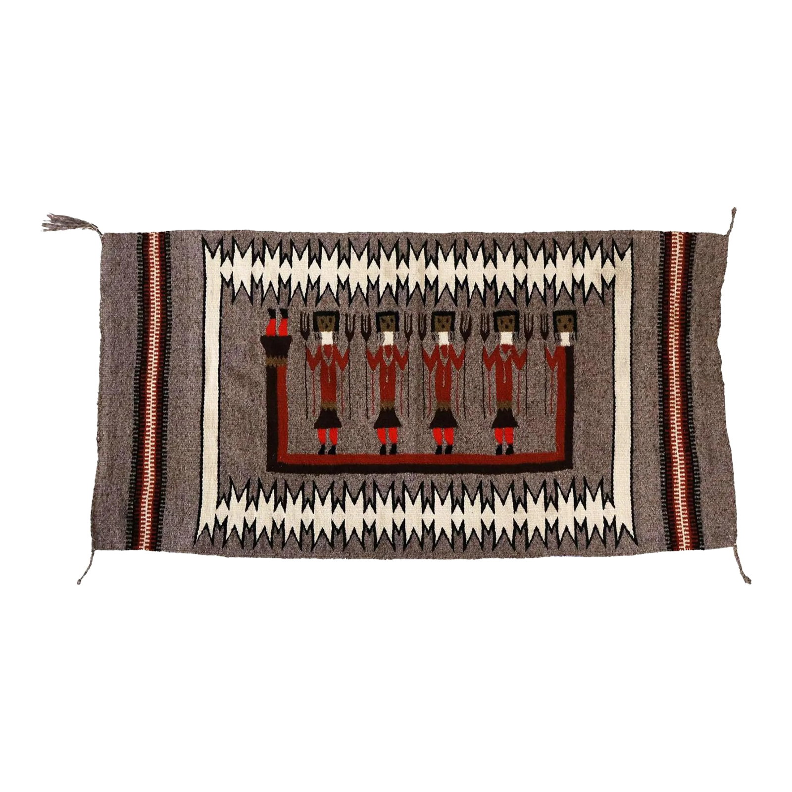 Vintage Grey Yei Navajo Style Rug Wall Hanging: Vintage grey Yei style wool rug in the style of Navajo. Mexico, mid - 20th c. The woolen rug has a grey background color on which are four stylized figures surrounded by a Rainbow Guardian. Dimensions
